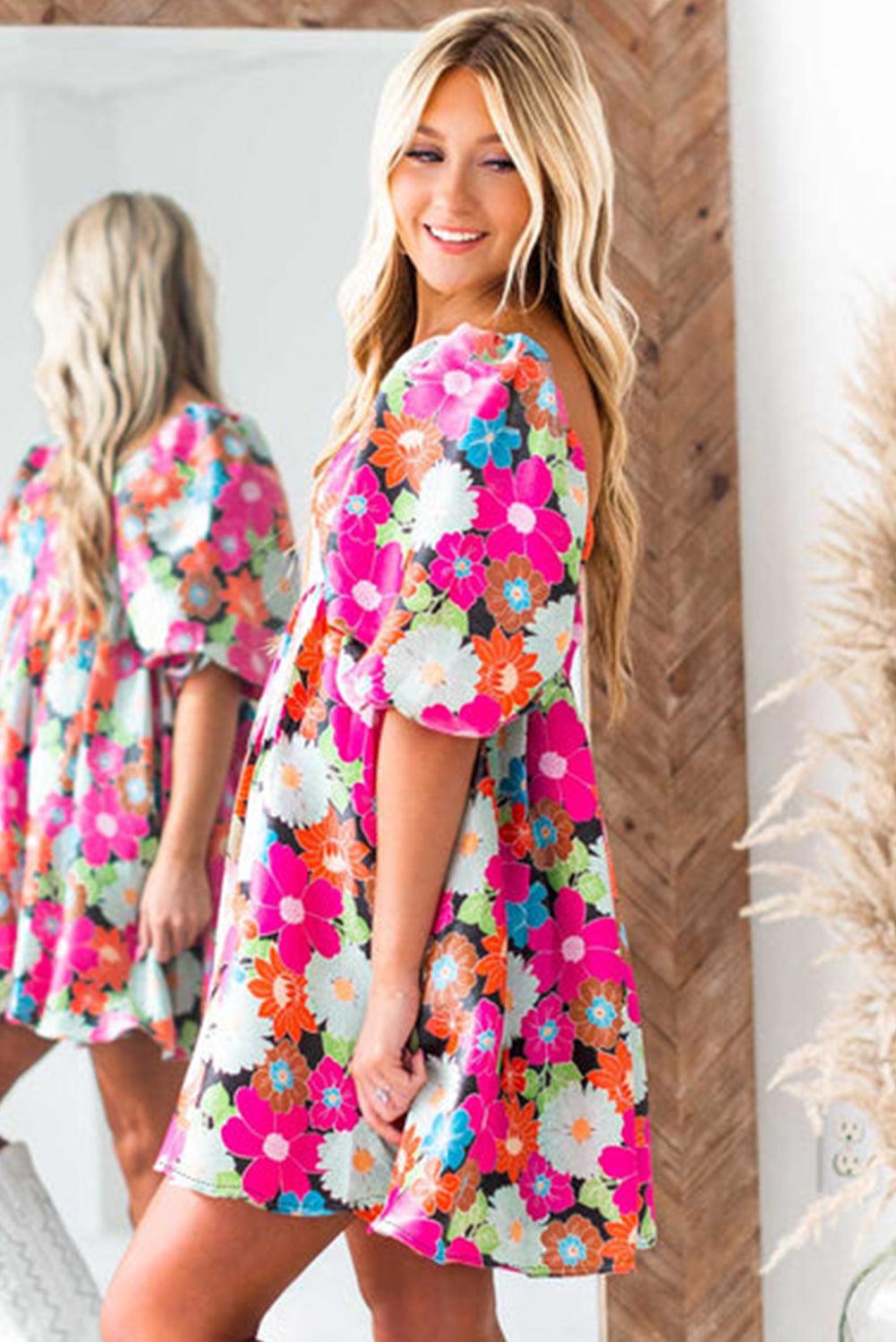 Elegante Bloemenprint Jurk met Korte Pofmouwen - Floral Dresses - Jurkjes.co