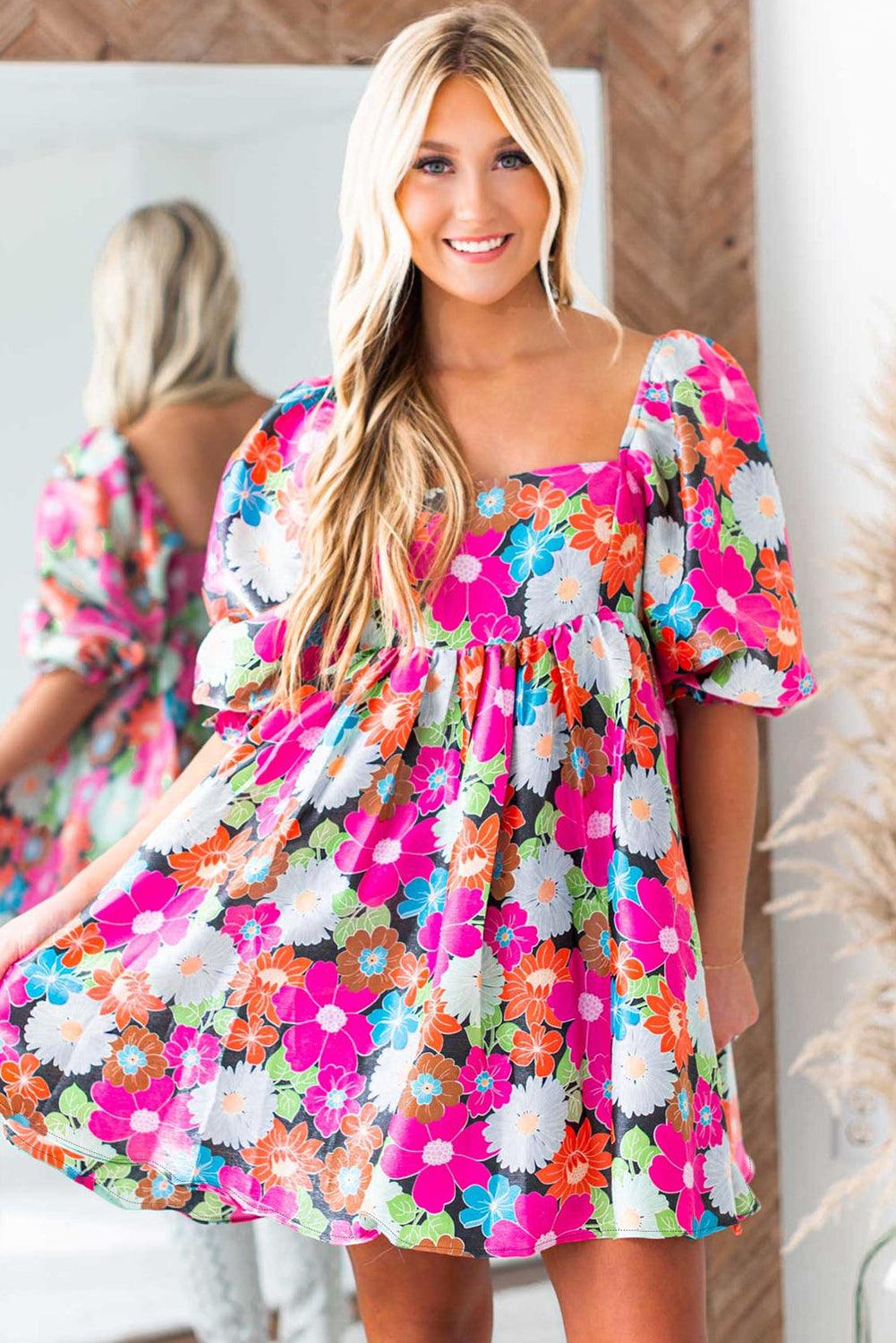 Elegante Bloemenprint Jurk met Korte Pofmouwen - Floral Dresses - Jurkjes.co