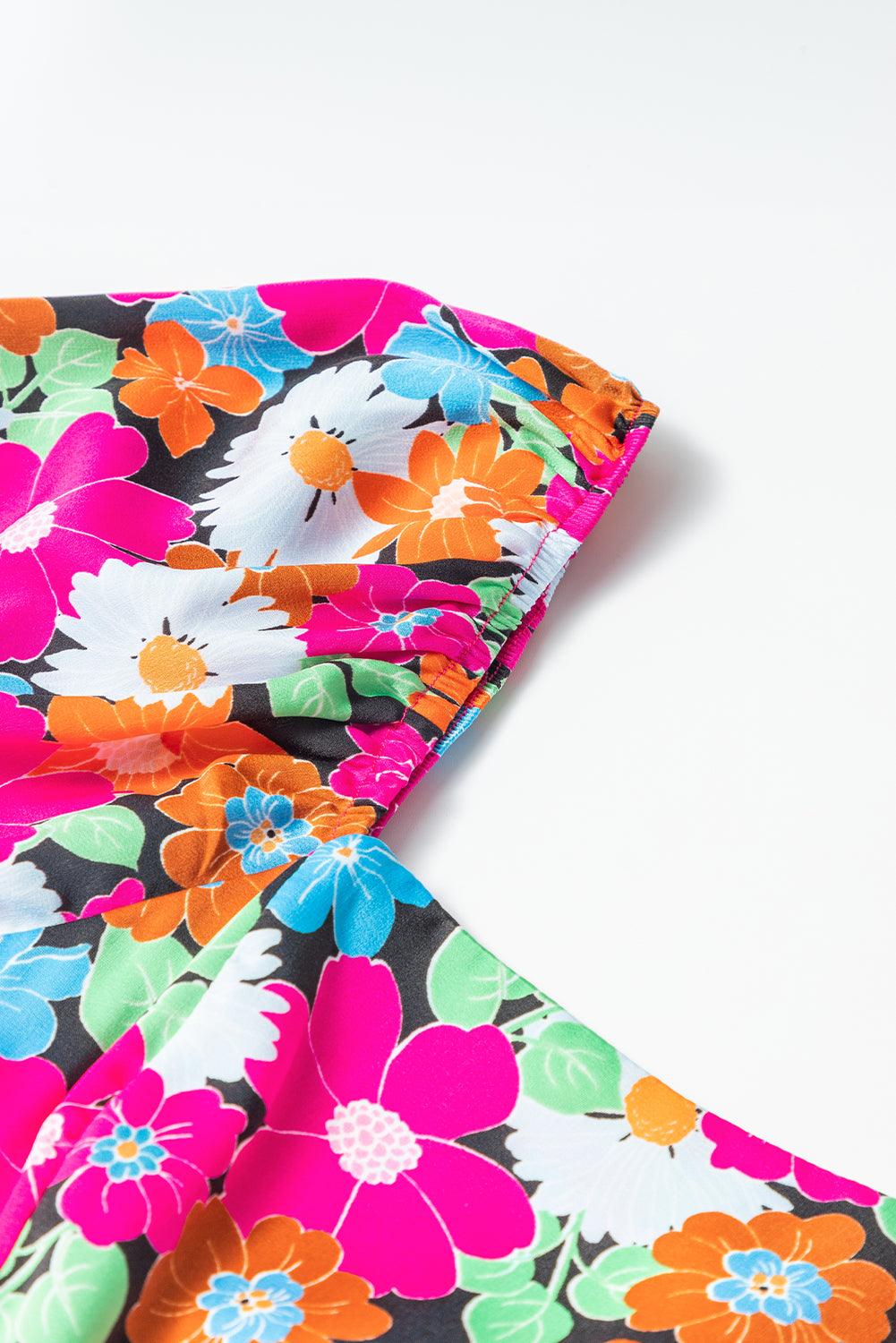 Elegante Bloemenprint Jurk met Korte Pofmouwen - Floral Dresses - Jurkjes.co