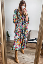 Elegante Bloemenprint Jurk met Pofmouwen en V-hals - Floral Dresses - Jurkjes.co
