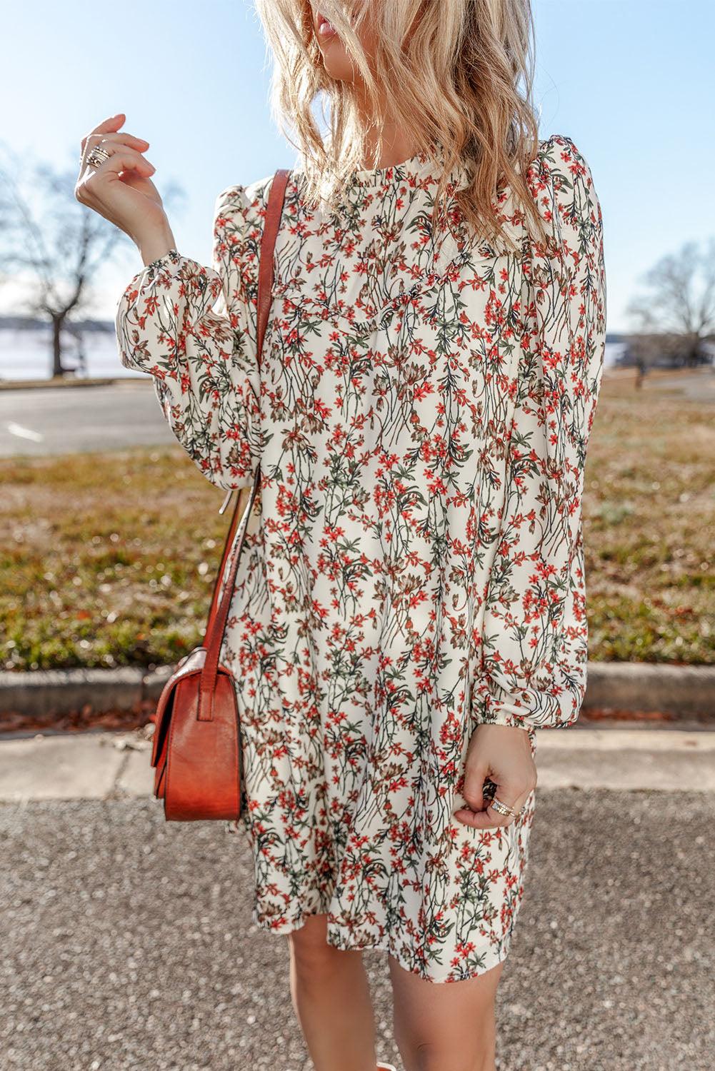 Elegante Bloemenprint Mini Jurk met Lange Mouwen - Floral Dresses - Jurkjes.co
