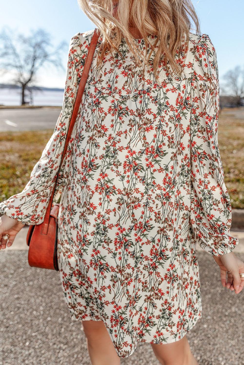 Elegante Bloemenprint Mini Jurk met Lange Mouwen - Floral Dresses - Jurkjes.co