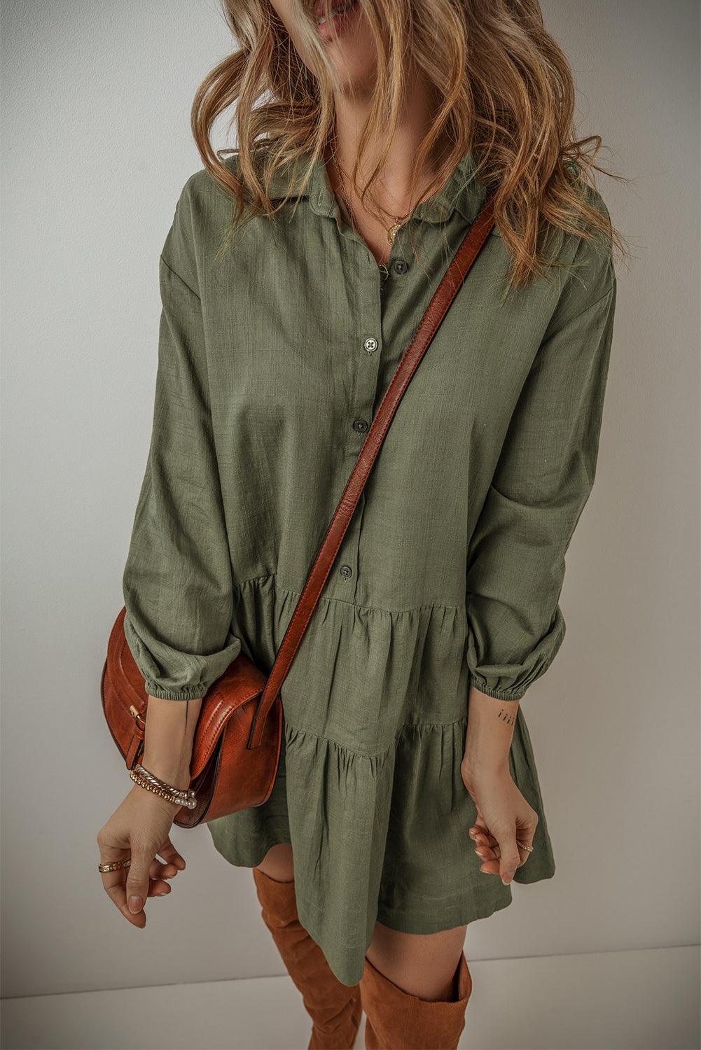Elegante Gelaagde Jurk met Puff Mouw en Knopen - Mini Dresses - Jurkjes.co