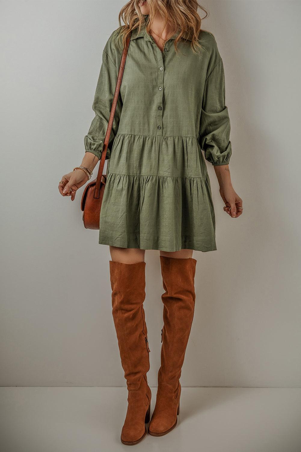 Elegante Gelaagde Jurk met Puff Mouw en Knopen - Mini Dresses - Jurkjes.co