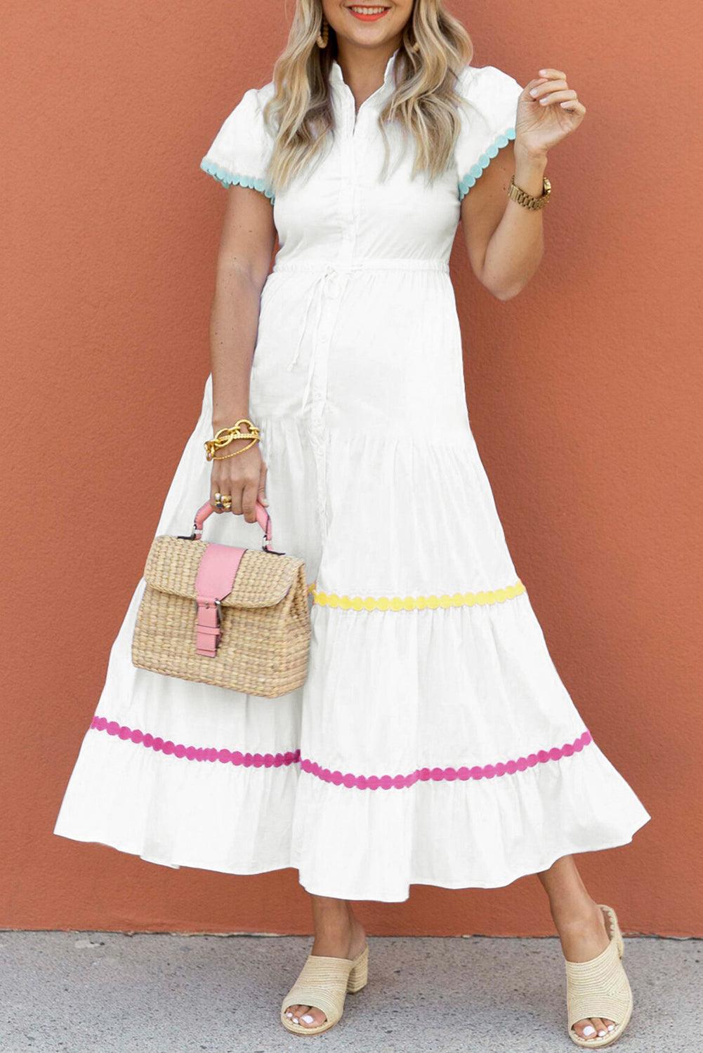 Elegante Lange Jurk met Korte Mouwen en Rickrack - Maxi Dresses - Jurkjes.co