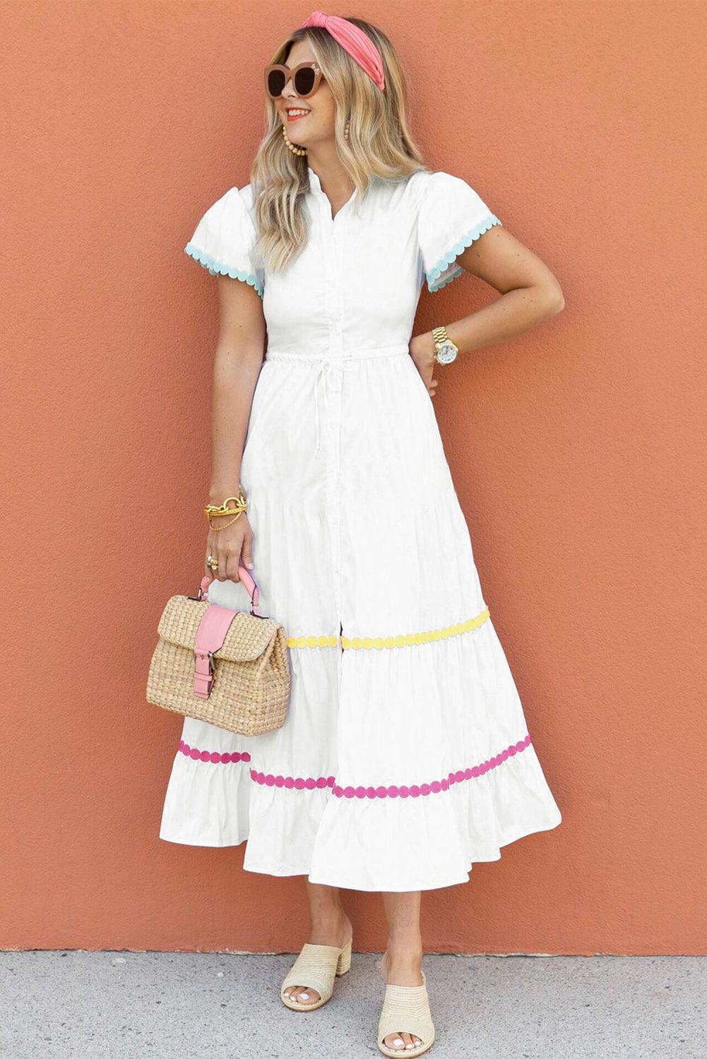 Elegante Lange Jurk met Korte Mouwen en Rickrack - Maxi Dresses - Jurkjes.co