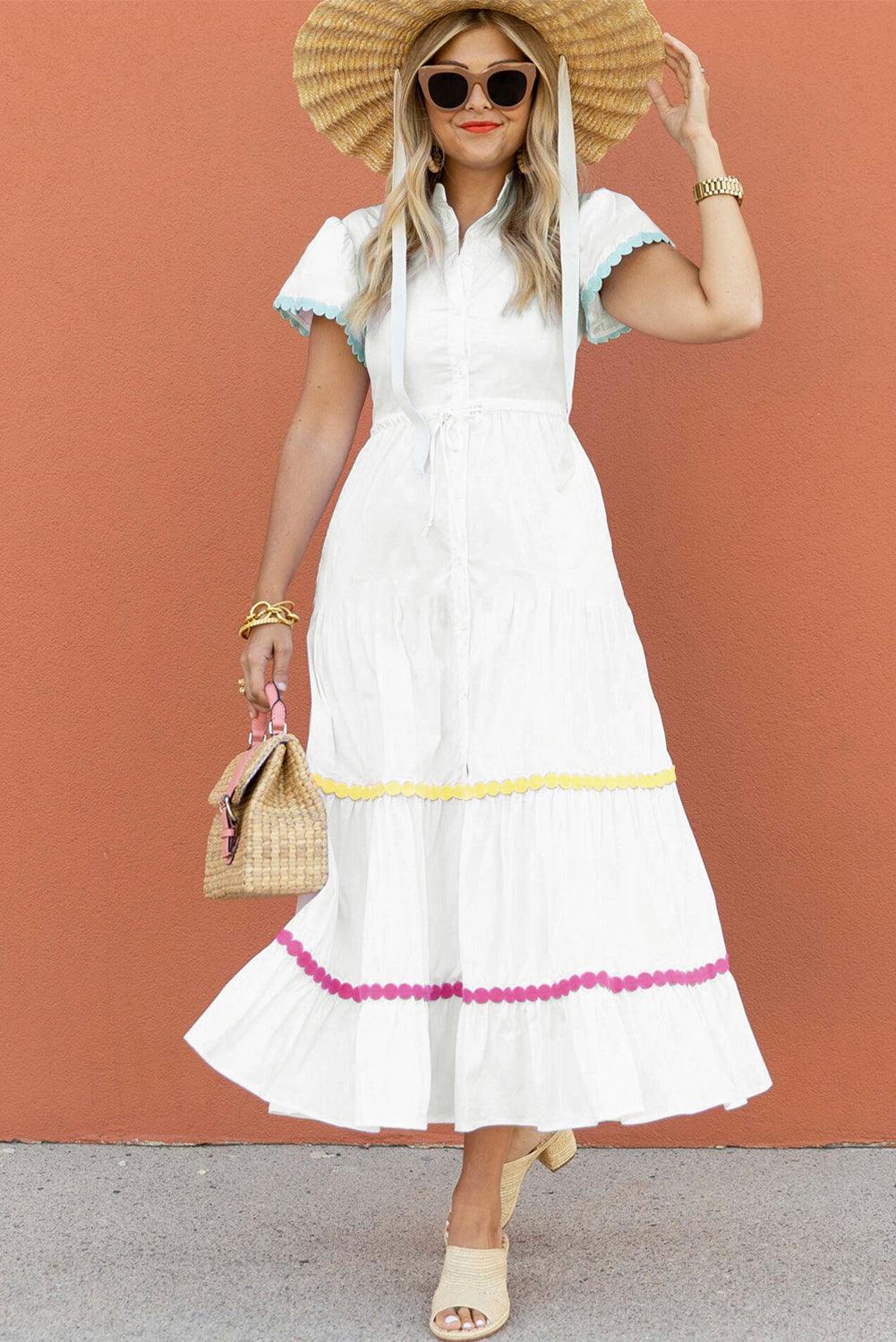 Elegante Lange Jurk met Korte Mouwen en Rickrack - Maxi Dresses - Jurkjes.co