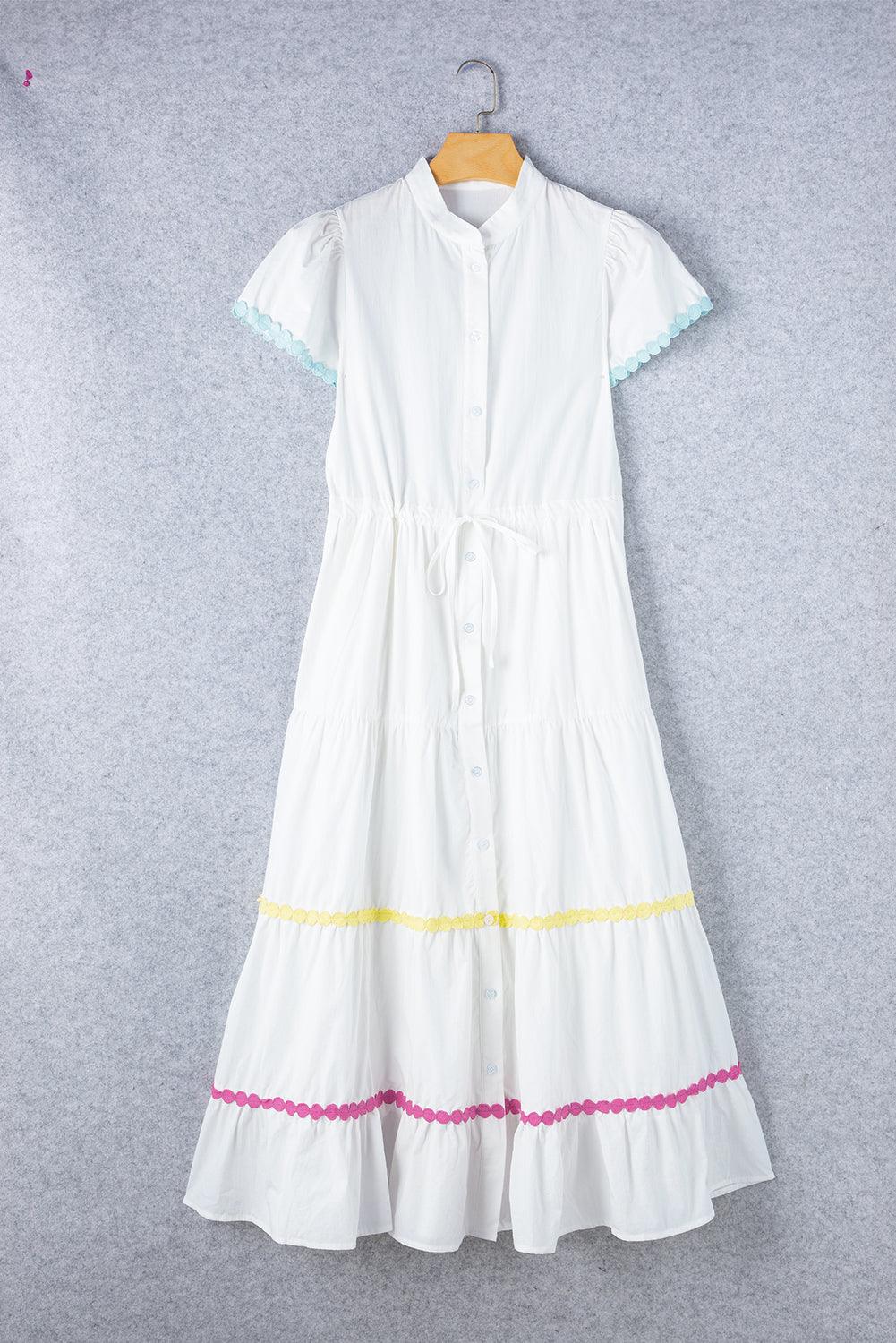 Elegante Lange Jurk met Korte Mouwen en Rickrack - Maxi Dresses - Jurkjes.co