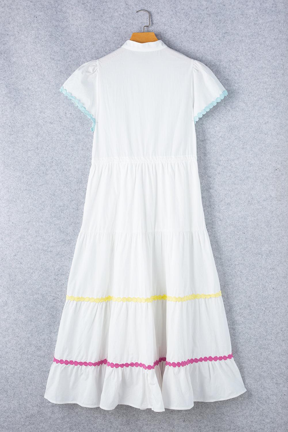 Elegante Lange Jurk met Korte Mouwen en Rickrack - Maxi Dresses - Jurkjes.co