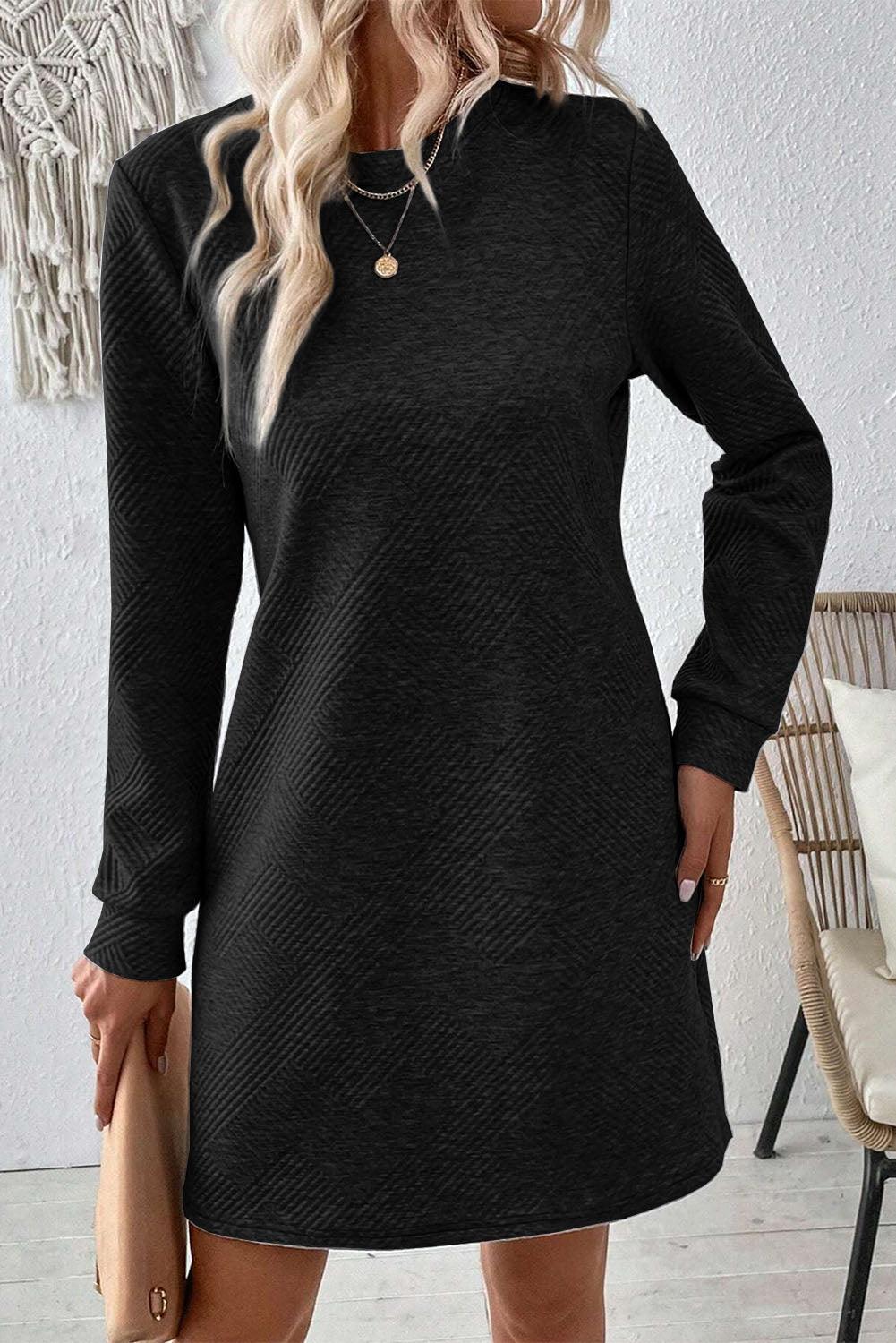 Elegante Lange Mouw Shift Jurk met Textuur - Mini Dresses - Jurkjes.co