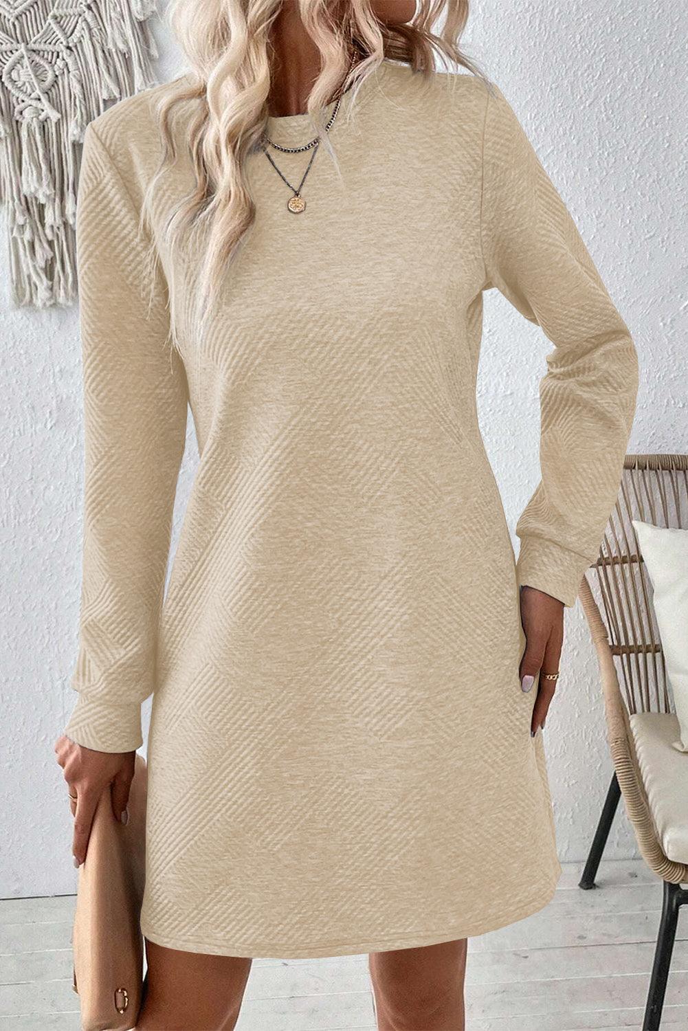 Elegante Lange Mouw Shift Jurk met Textuur - Mini Dresses - Jurkjes.co