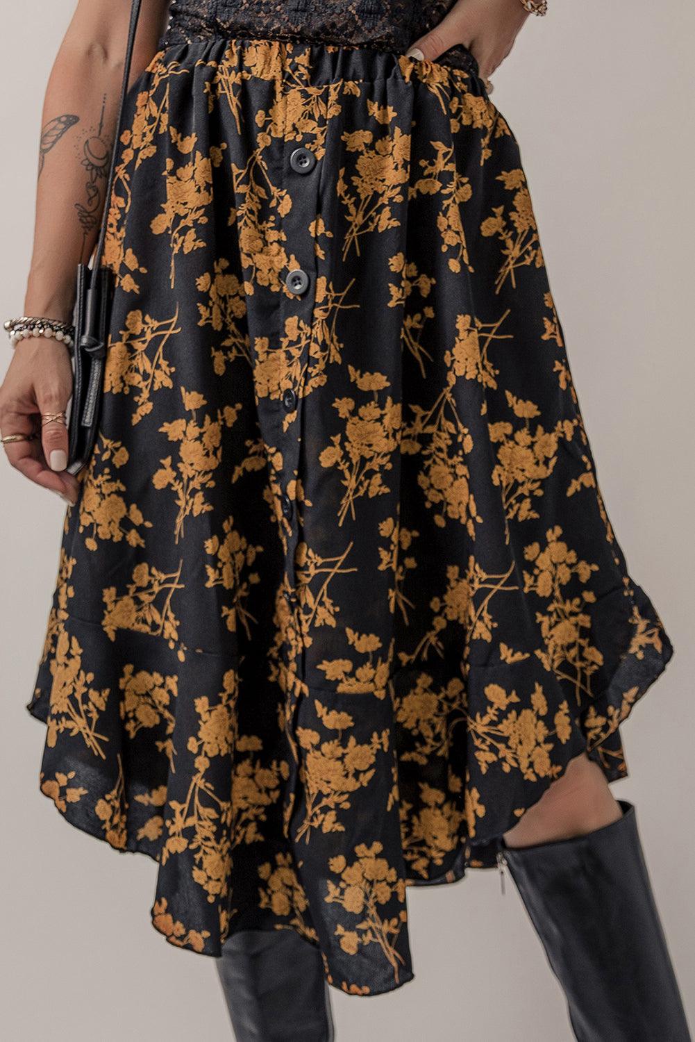 Elegante Rok met Bloemenprint en Knoopdetails - Skirts & Petticoat - Jurkjes.co