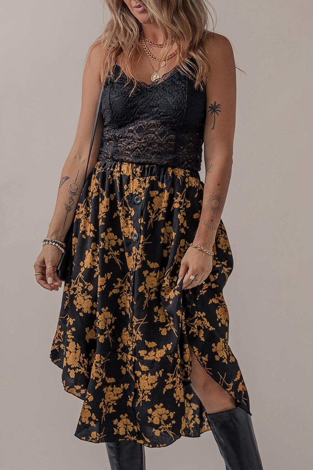 Elegante Rok met Bloemenprint en Knoopdetails - Skirts & Petticoat - Jurkjes.co