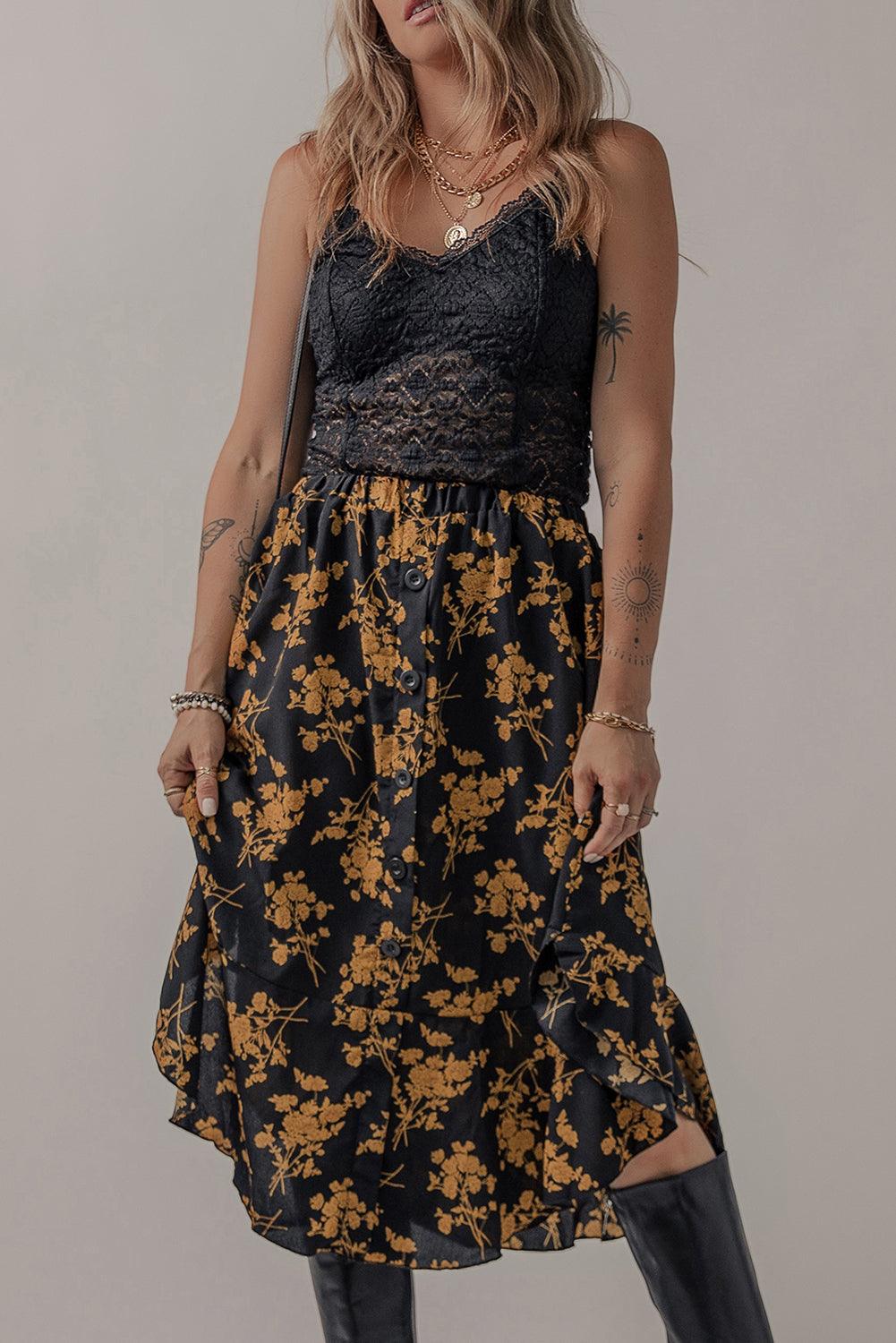 Elegante Rok met Bloemenprint en Knoopdetails - Skirts & Petticoat - Jurkjes.co