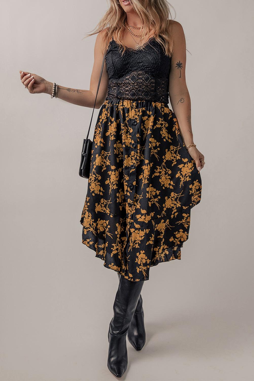 Elegante Rok met Bloemenprint en Knoopdetails - Skirts & Petticoat - Jurkjes.co