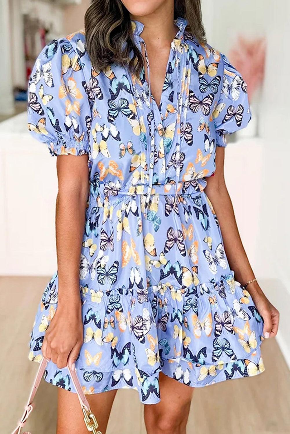 Elegante Vlinderprint Jurk met Pofmouwen - Mini Dresses - Jurkjes.co