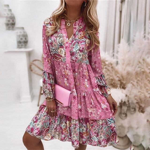 Feestjurk met Bloemenprint en V-hals - Dresses - Jurkjes.co