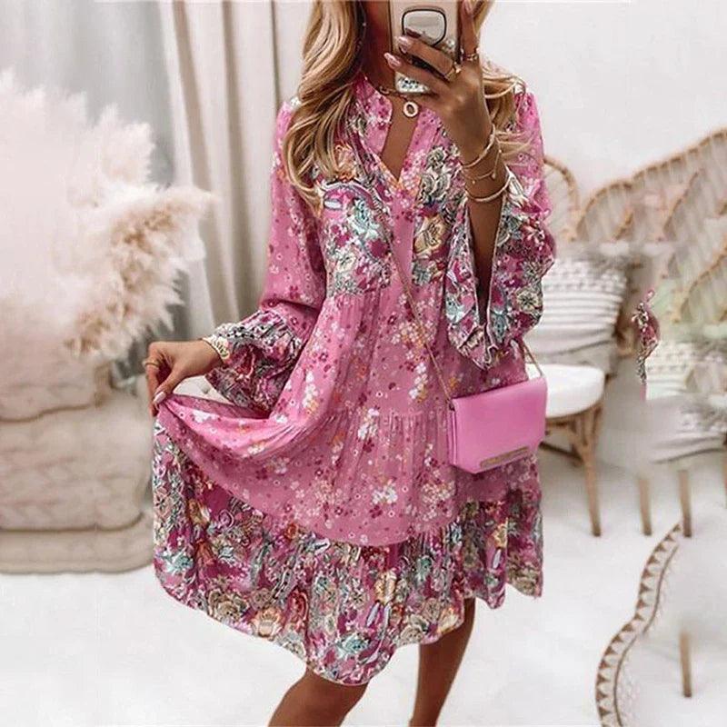 Feestjurk met Bloemenprint en V-hals - Dresses - Jurkjes.co