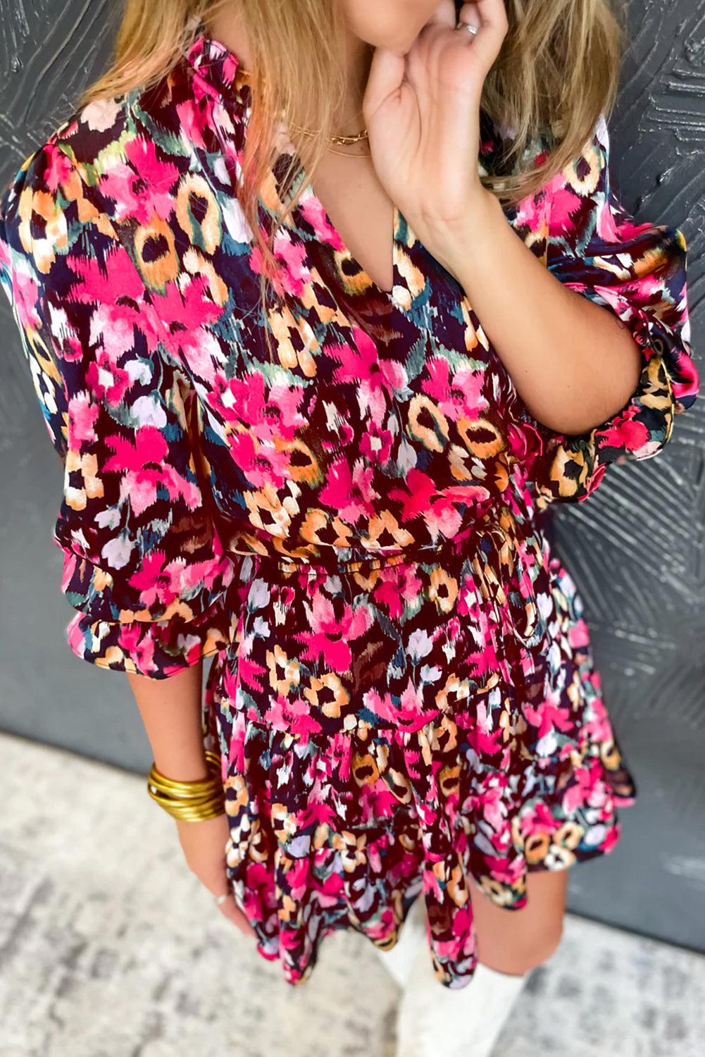 Floraal Geprinte Ruches Jurk met V-Hals - Floral Dresses - Jurkjes.co