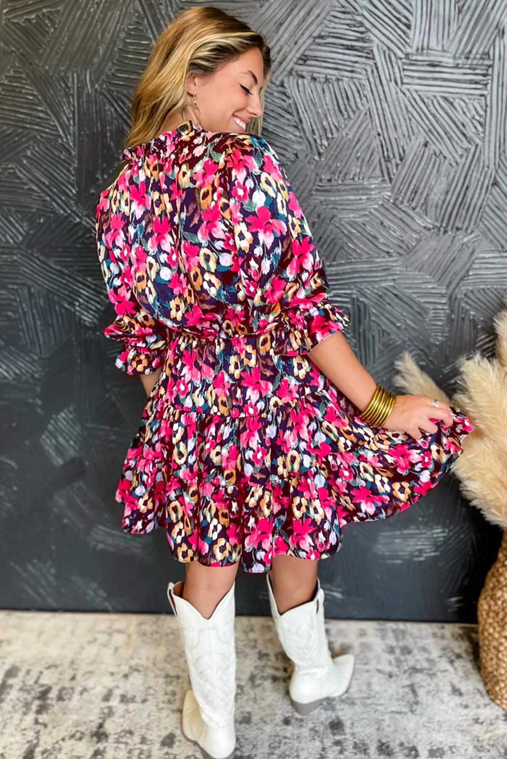 Floraal Geprinte Ruches Jurk met V-Hals - Floral Dresses - Jurkjes.co