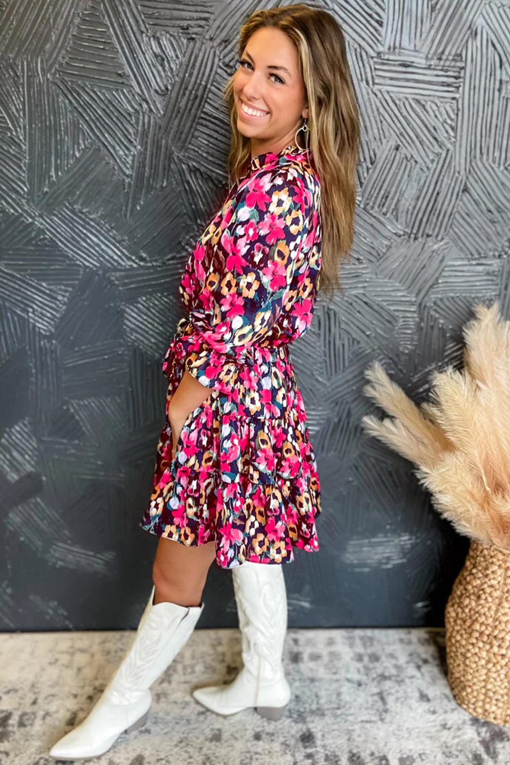 Floraal Geprinte Ruches Jurk met V-Hals - Floral Dresses - Jurkjes.co