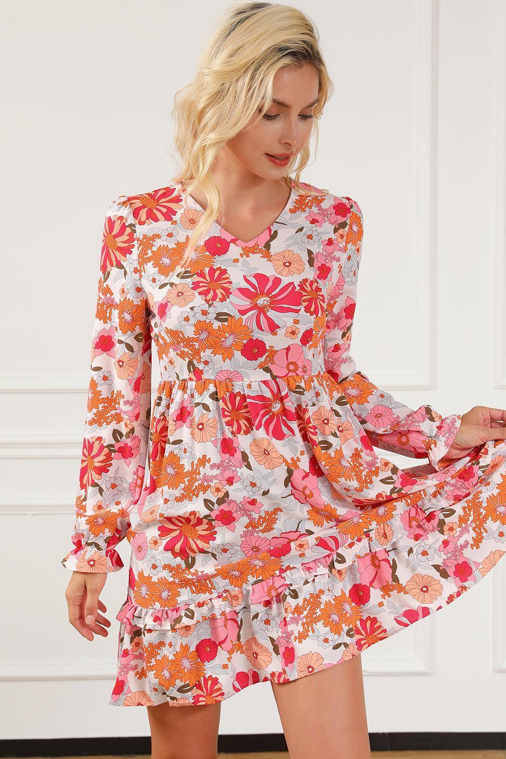 Floraal V-Hals Skaterjurk met Lange Mouwen - Floral Dresses - Jurkjes.co