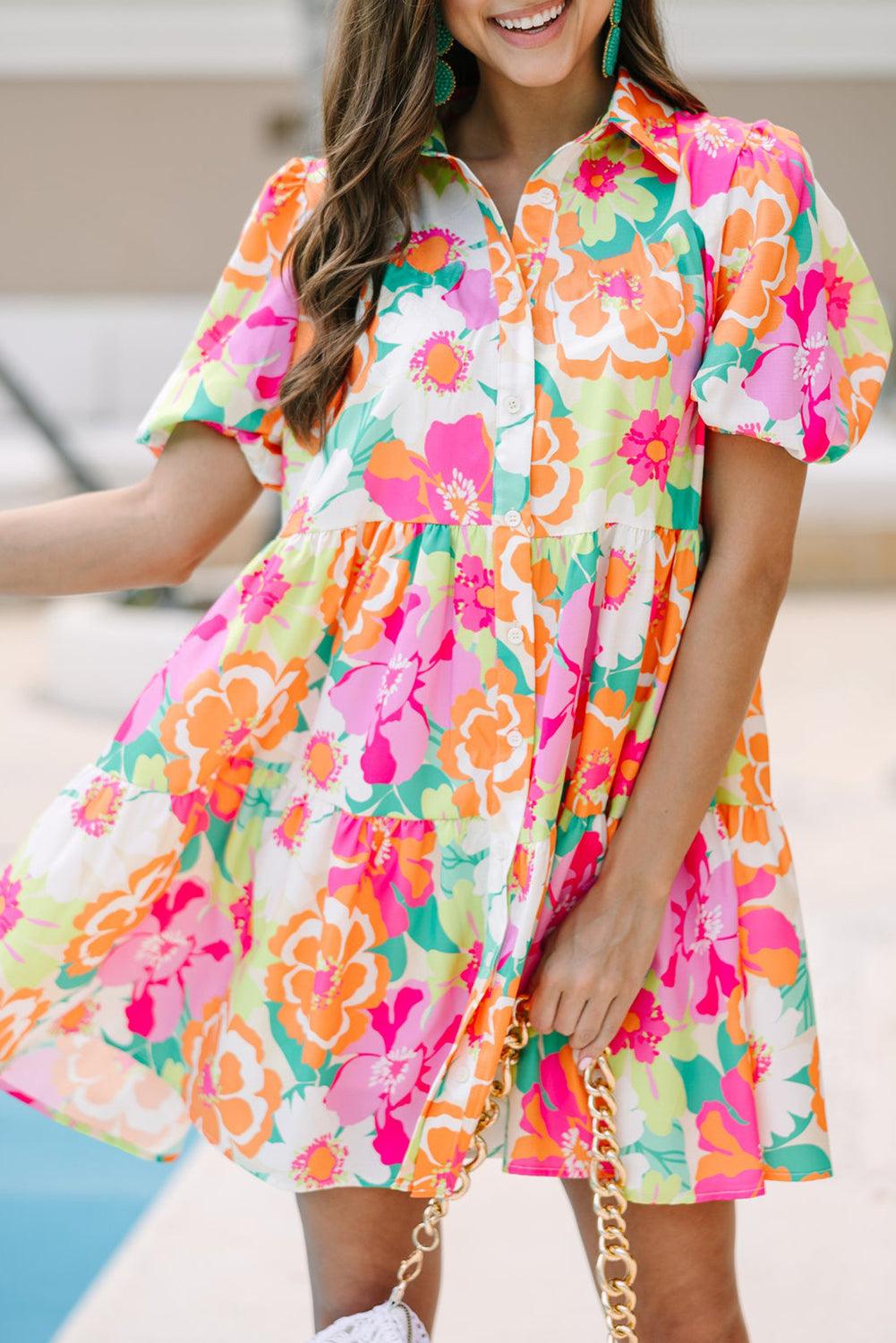 Floral Babydoll Jurk met Pofmouwen en Kraag - Floral Dresses - Jurkjes.co