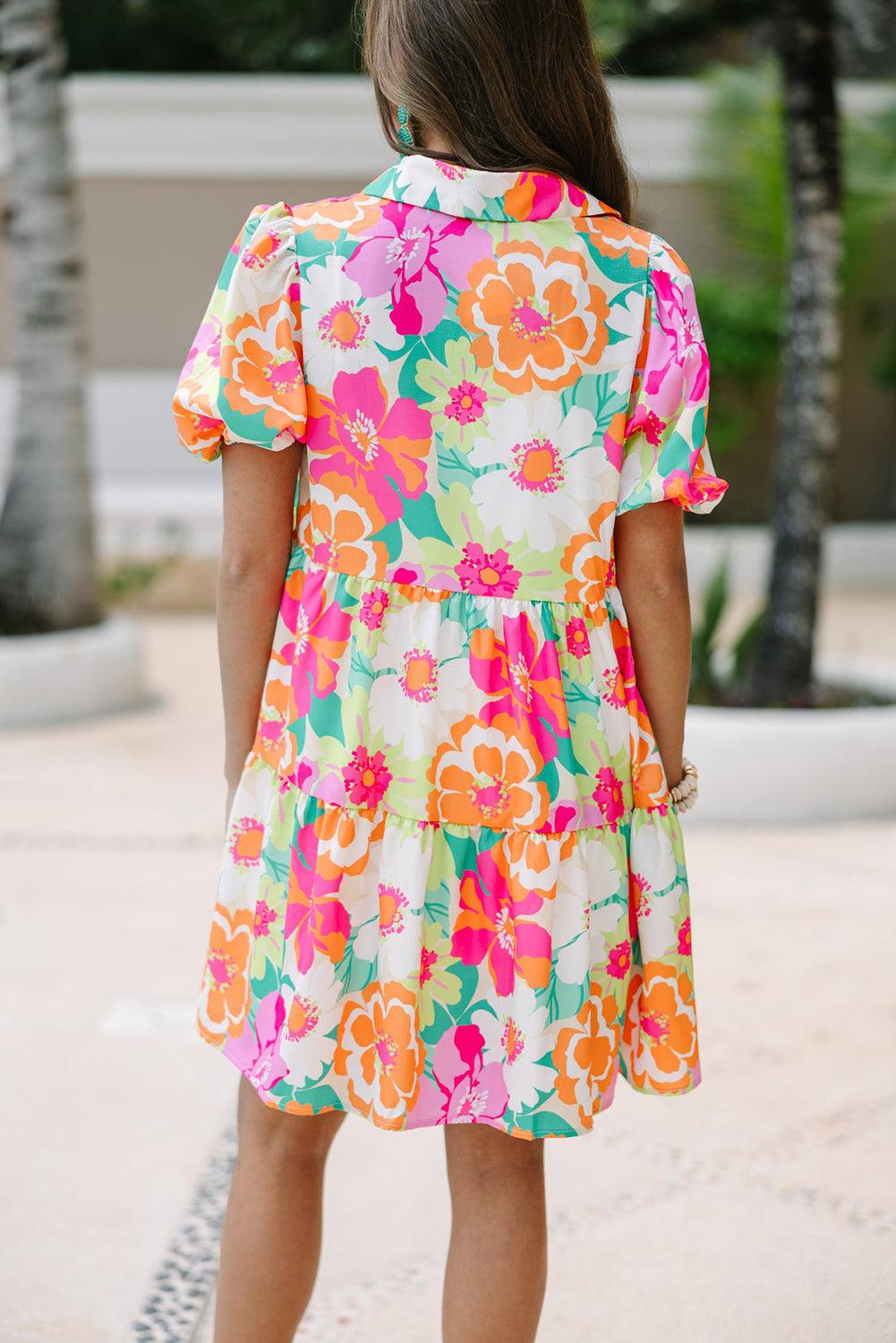 Floral Babydoll Jurk met Pofmouwen en Kraag - Floral Dresses - Jurkjes.co