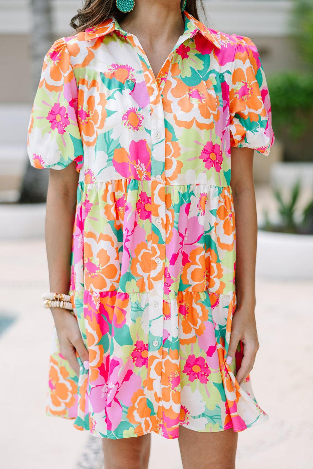 Floral Babydoll Jurk met Pofmouwen en Kraag - Floral Dresses - Jurkjes.co
