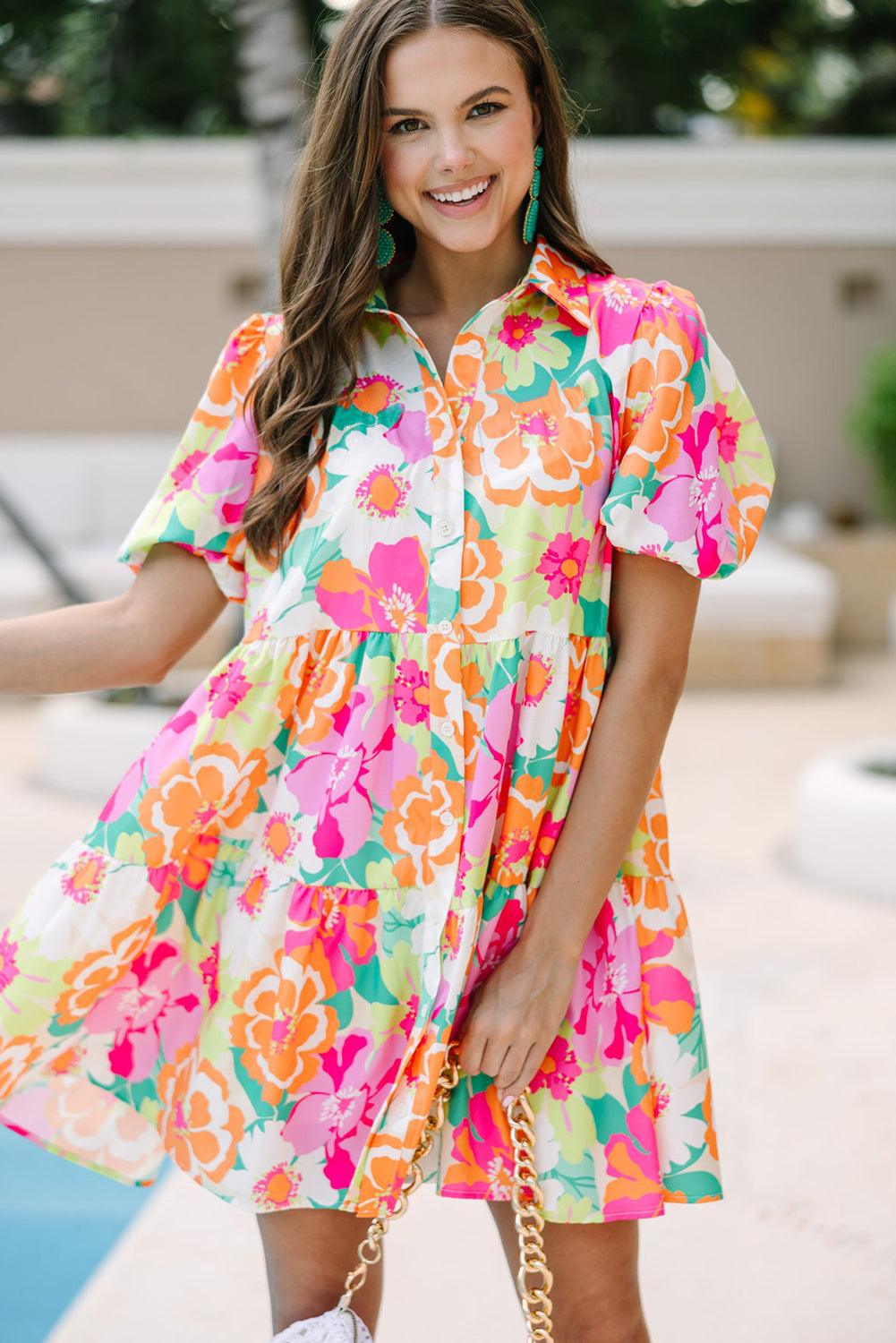 Floral Babydoll Jurk met Pofmouwen en Kraag - Floral Dresses - Jurkjes.co
