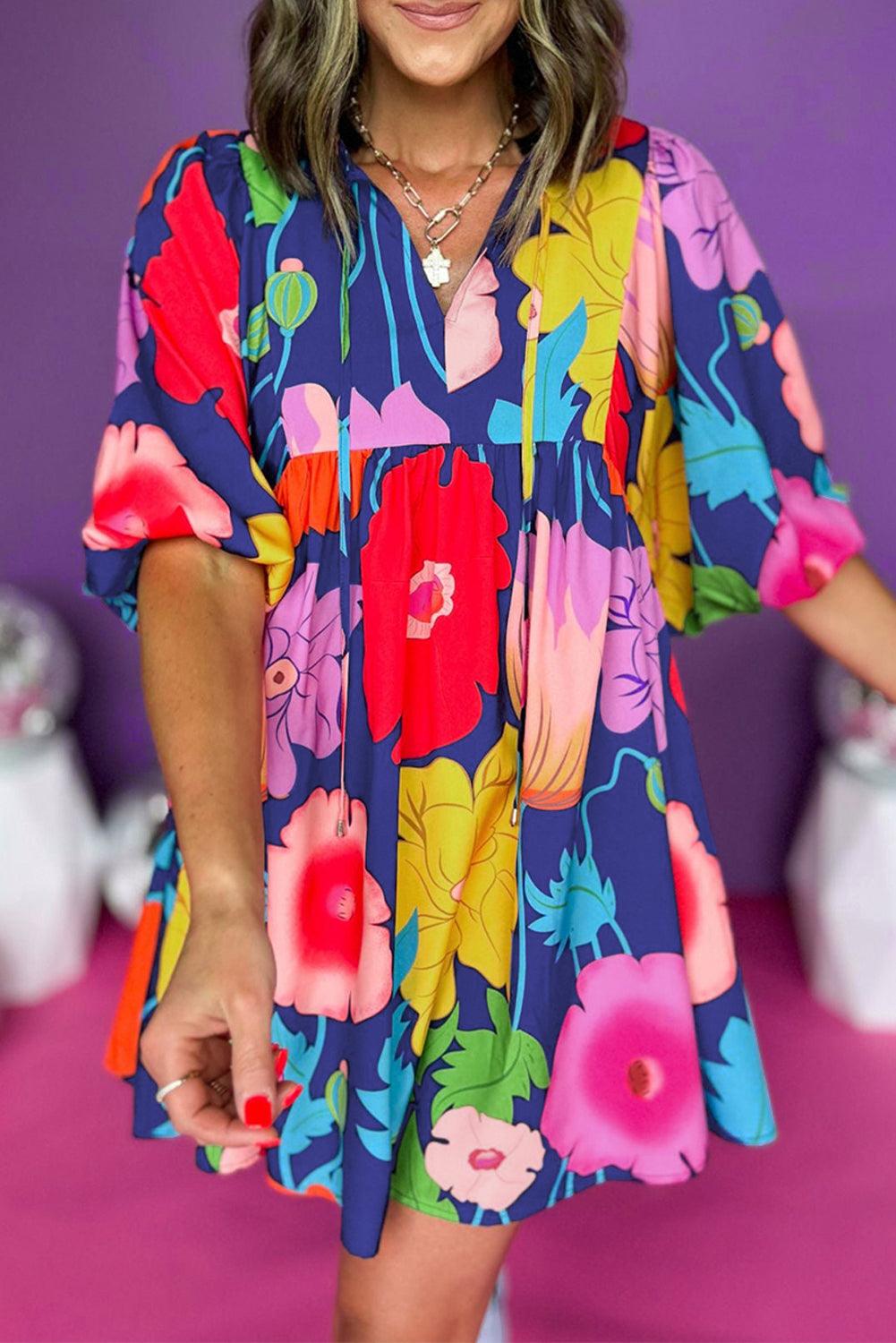 Floral Print Split Neck Babydoll Jurk - Floral Dresses - Jurkjes.co