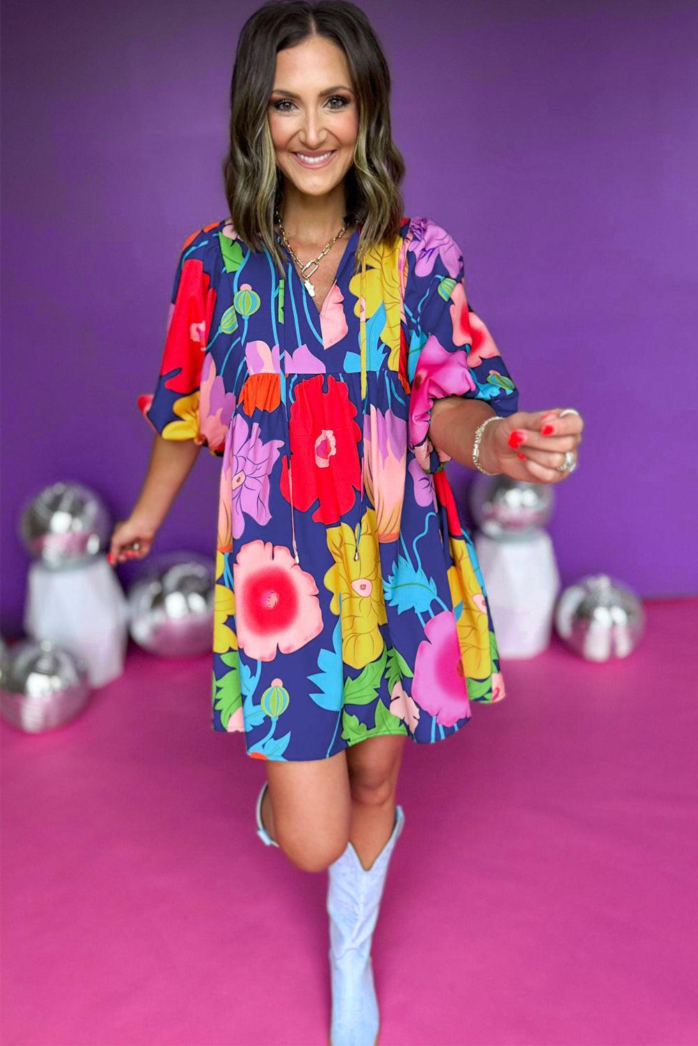 Floral Print Split Neck Babydoll Jurk - Floral Dresses - Jurkjes.co
