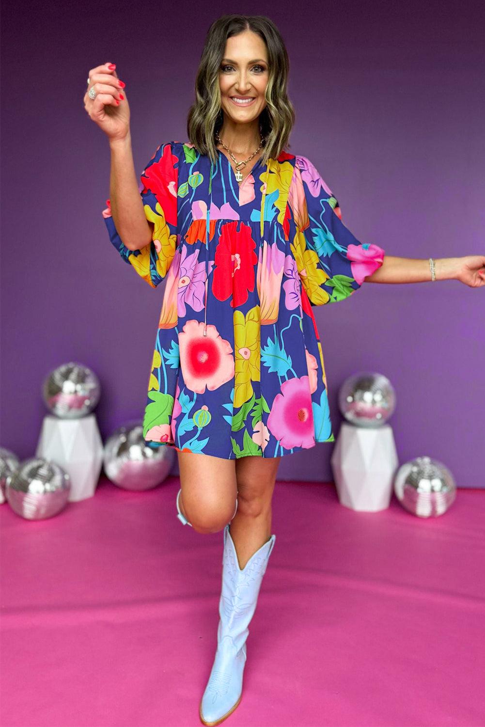 Floral Print Split Neck Babydoll Jurk - Floral Dresses - Jurkjes.co