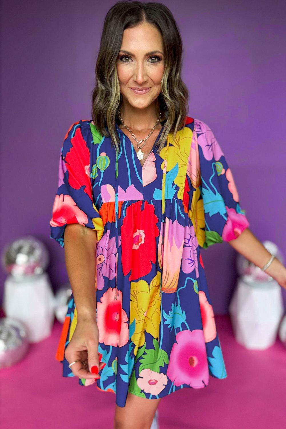 Floral Print Split Neck Babydoll Jurk - Floral Dresses - Jurkjes.co