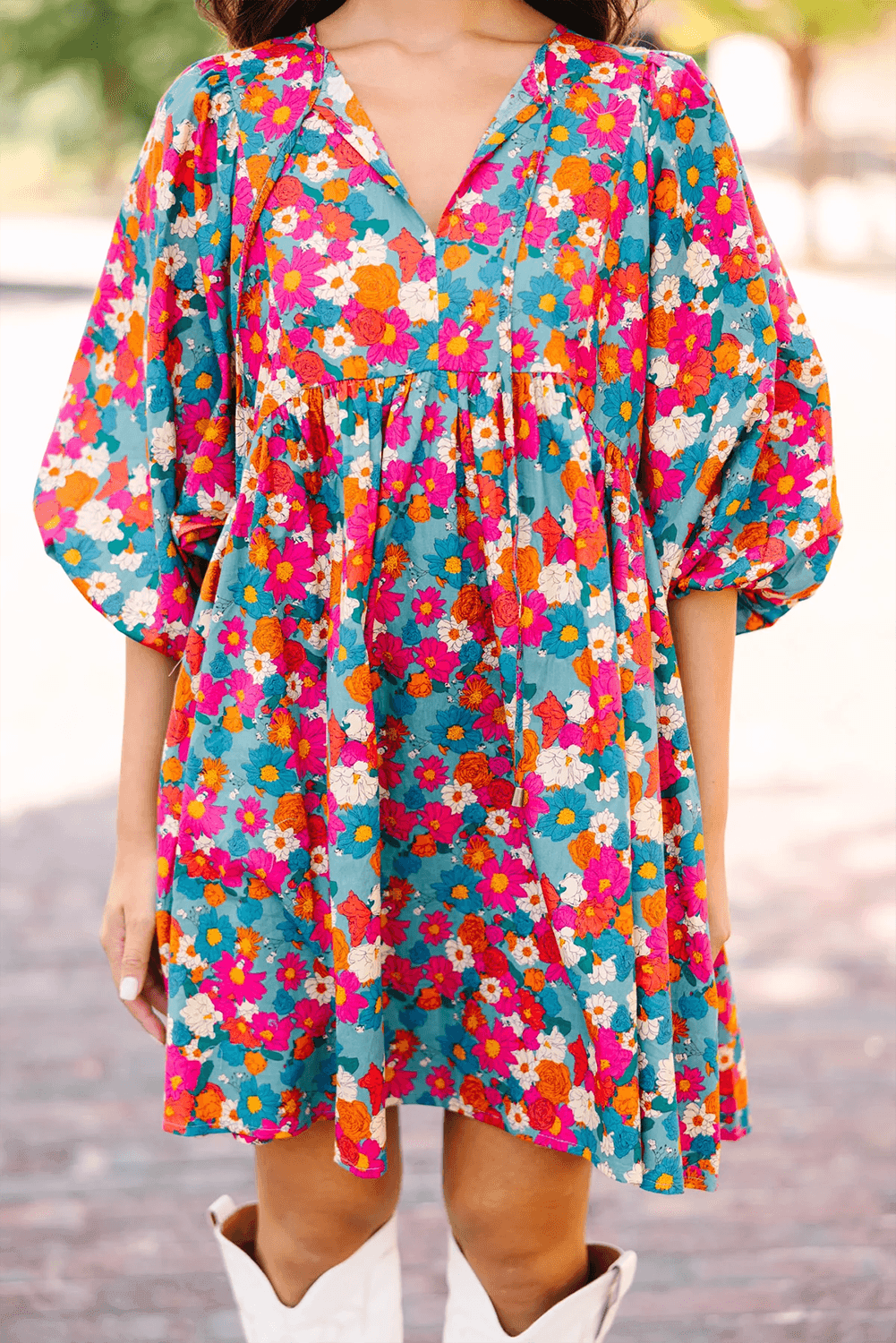 Florale Babydoll Jurk met Strik en Pofmouwen - Floral Dresses - Jurkjes.co