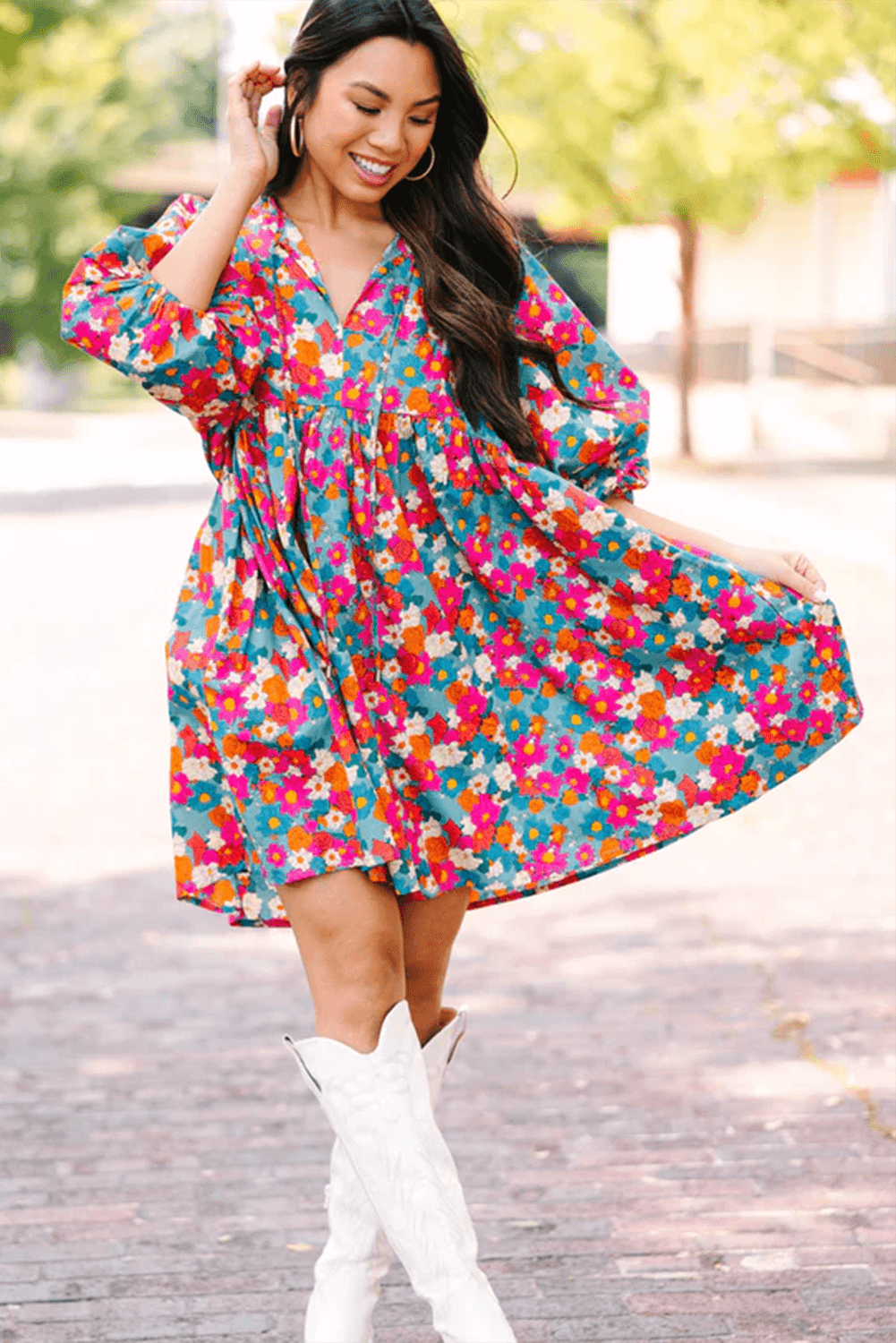 Florale Babydoll Jurk met Strik en Pofmouwen - Floral Dresses - Jurkjes.co