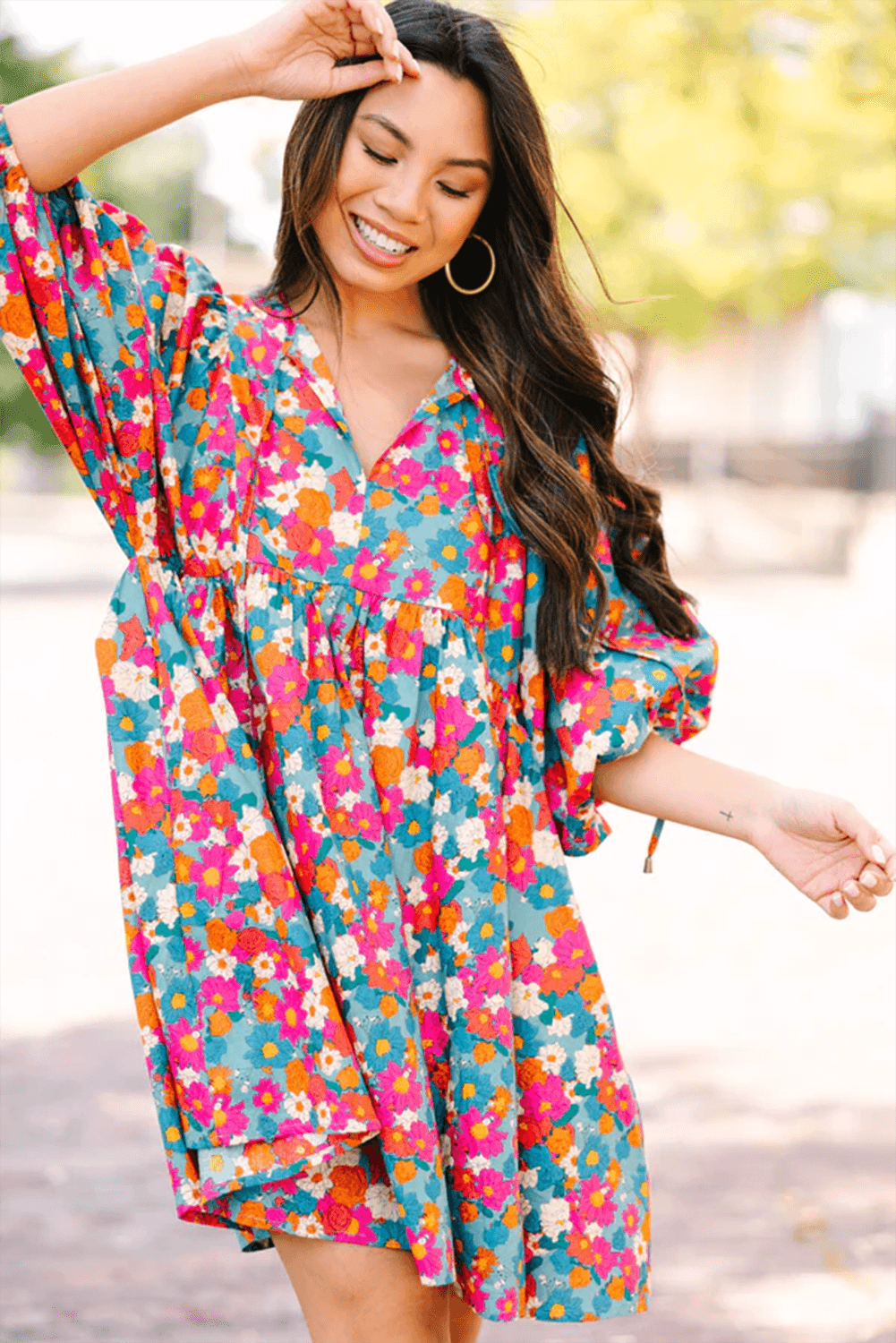 Florale Babydoll Jurk met Strik en Pofmouwen - Floral Dresses - Jurkjes.co