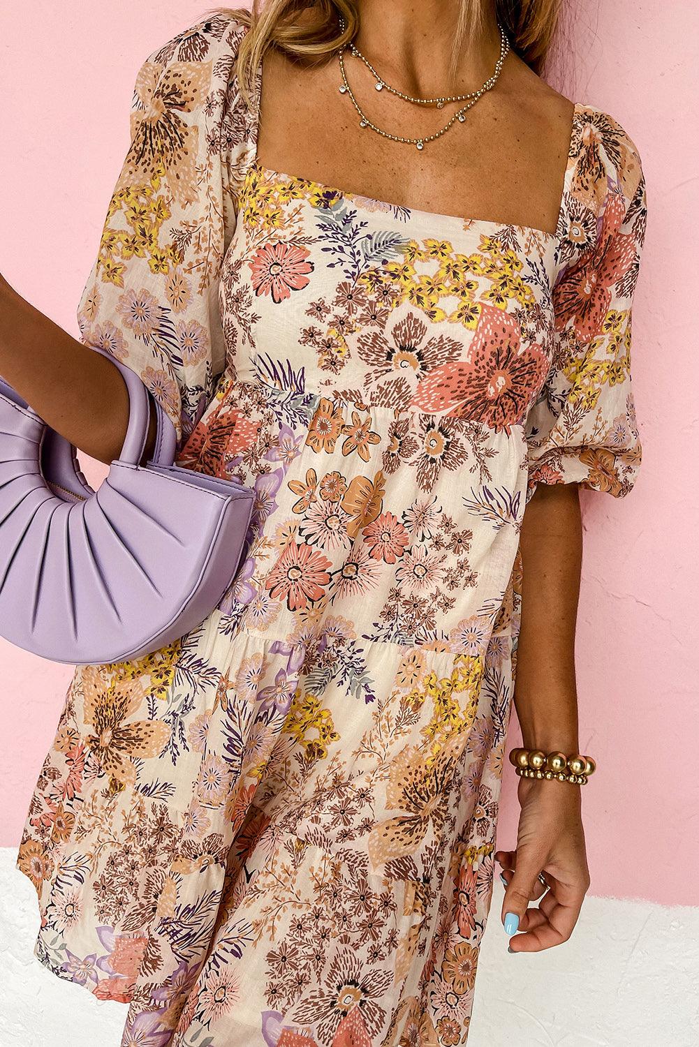 Florale Minijurk met Korte Mouw en Vierkante Hals - Mini Dresses - Jurkjes.co