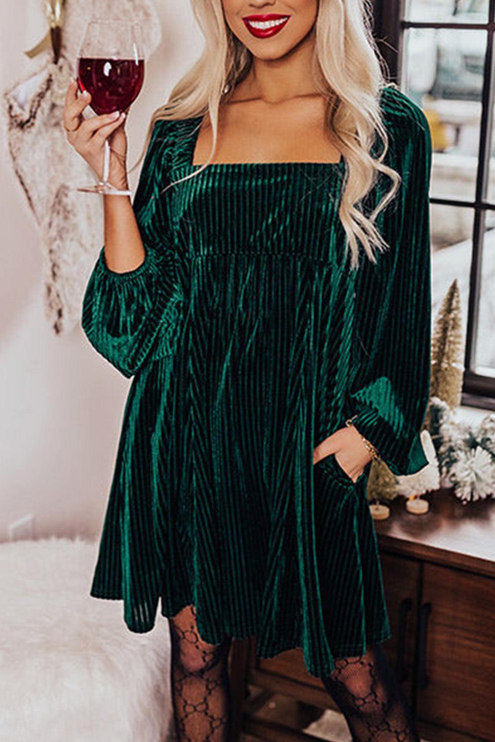 Fluwelen Babydoll Jurk met Vierkante Hals - Mini Dresses - Jurkjes.co