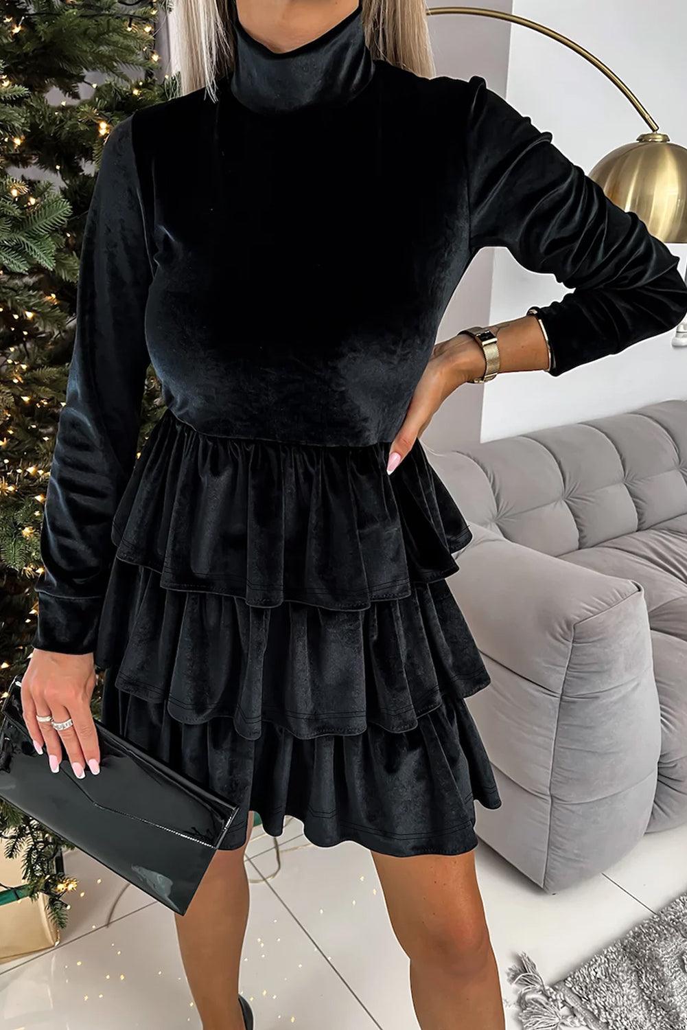 Fluwelen Gelaagde Ruffle Mini Jurk met Hoge Hals - Mini Dresses - Jurkjes.co