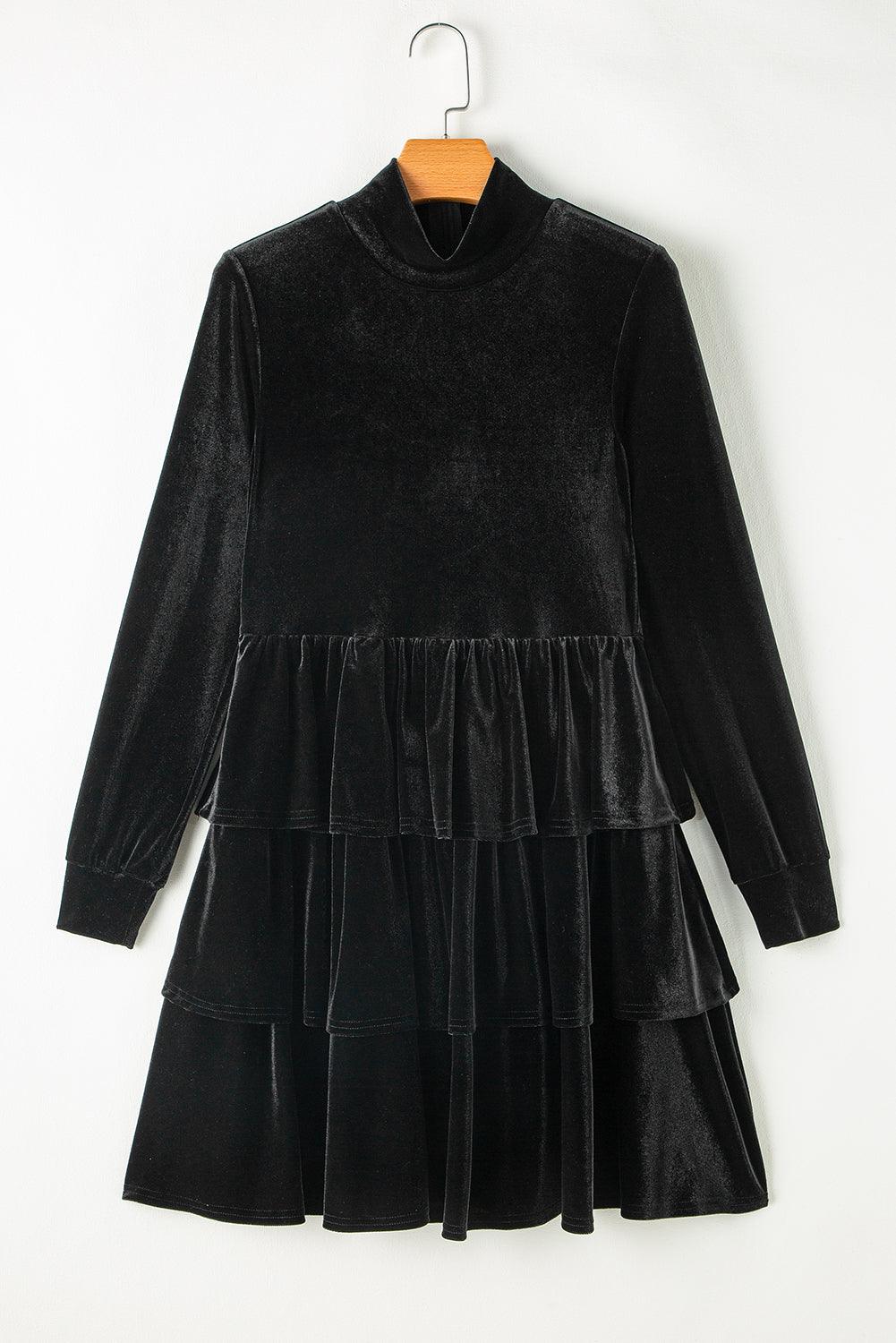 Fluwelen Gelaagde Ruffle Mini Jurk met Hoge Hals - Mini Dresses - Jurkjes.co