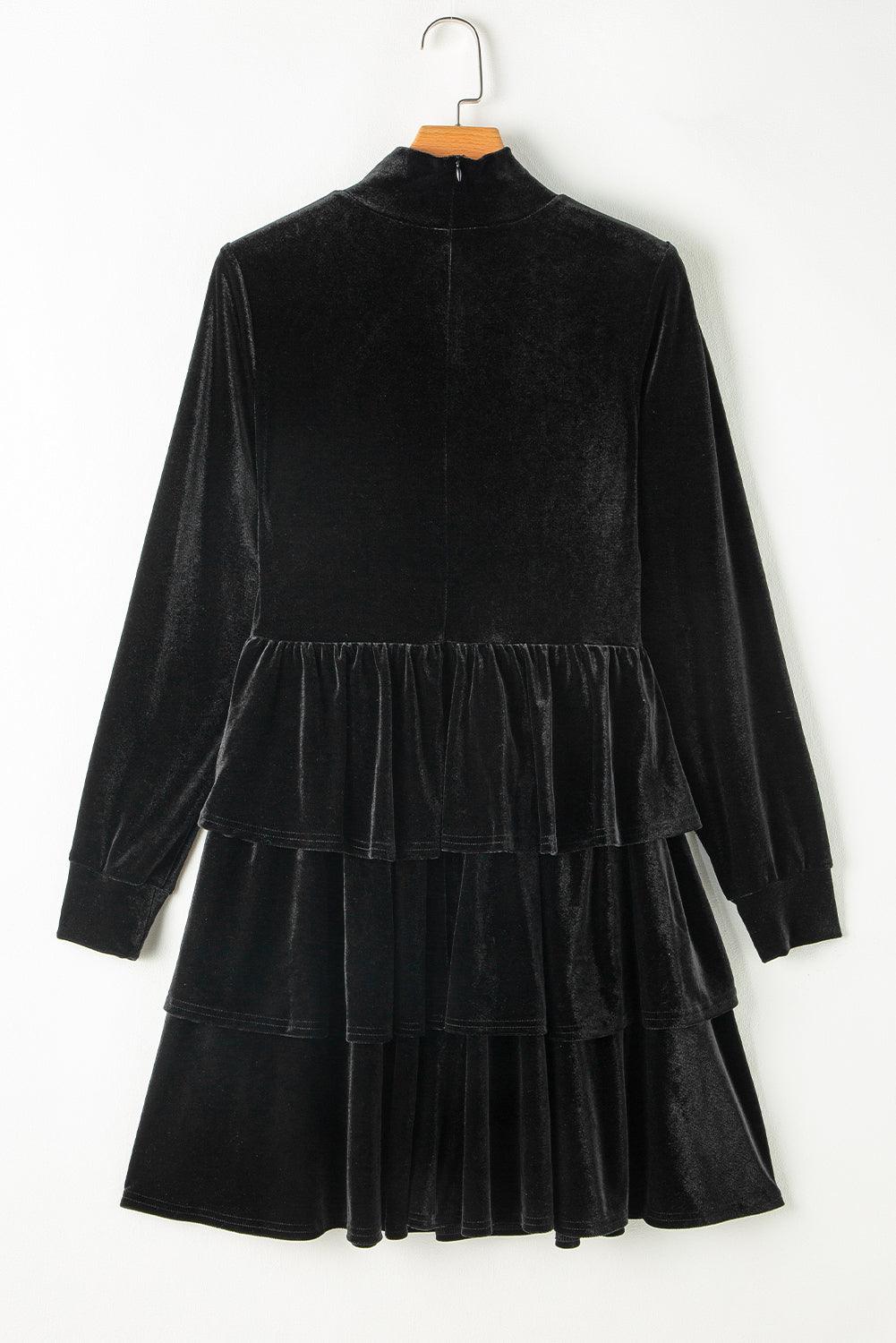 Fluwelen Gelaagde Ruffle Mini Jurk met Hoge Hals - Mini Dresses - Jurkjes.co