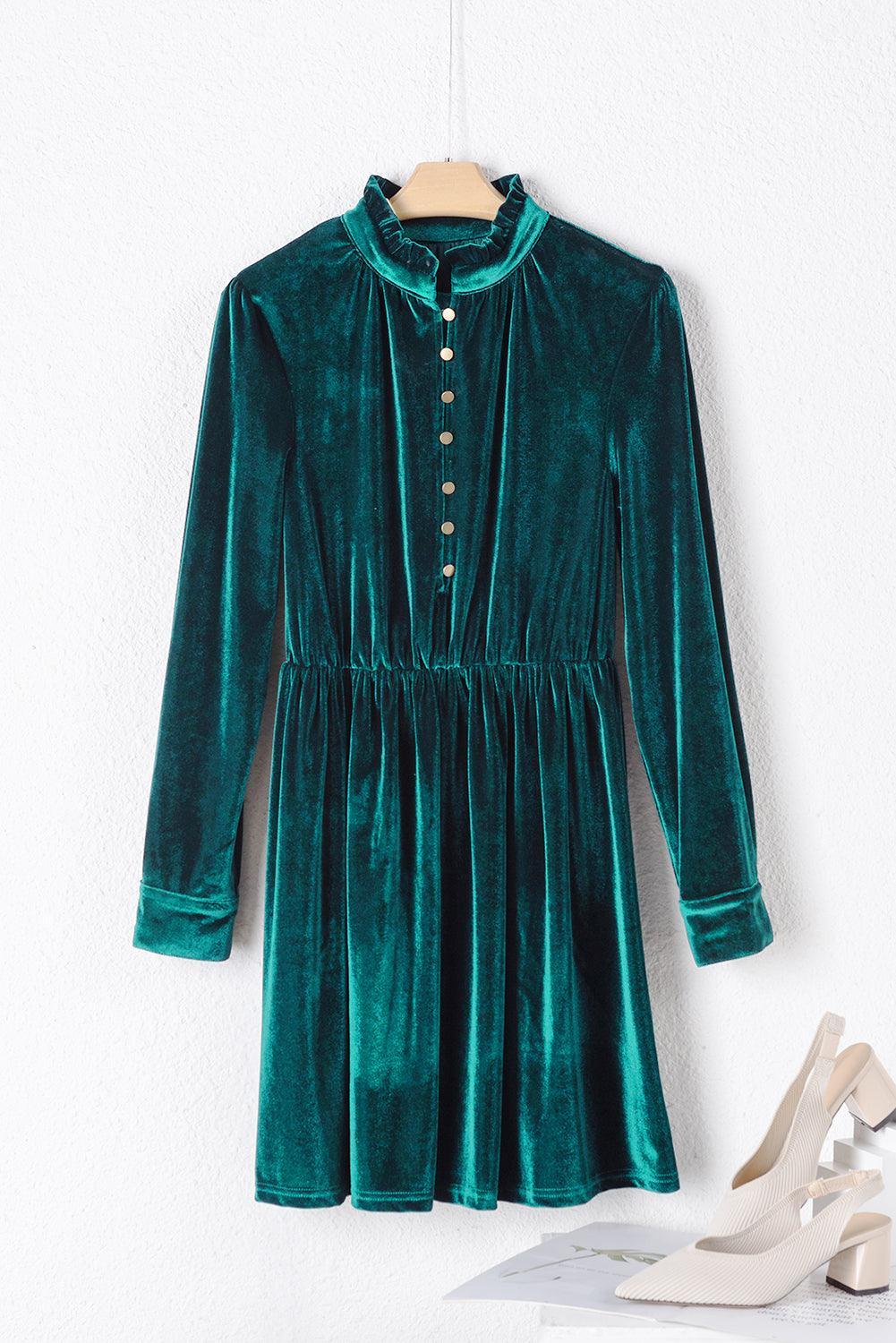 Fluwelen Mini Jurk met Ruches en Knopen - Mini Dresses - Jurkjes.co