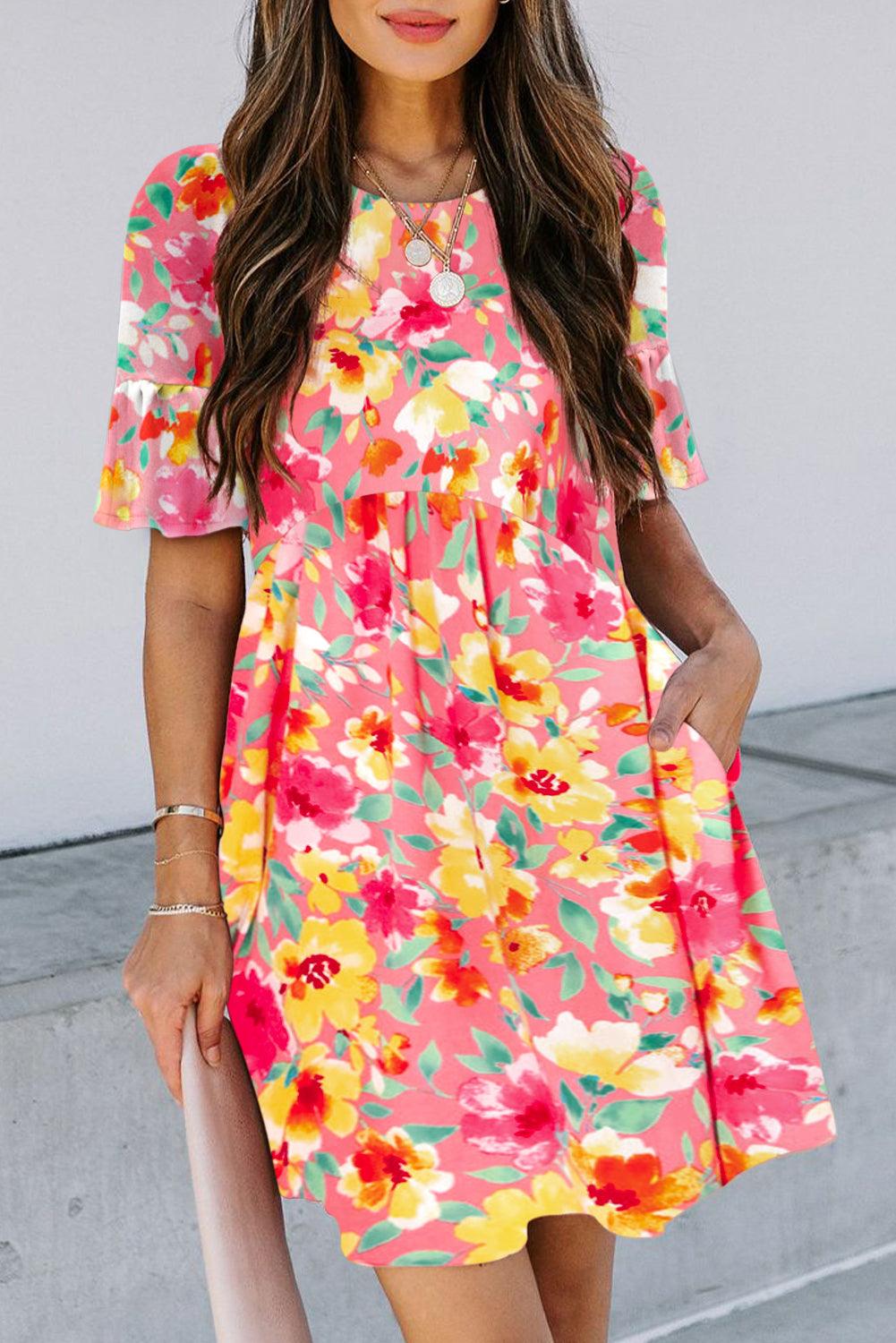 Gebloemde Mini Jurk met Ruches en Zakken - Floral Dresses - Jurkjes.co