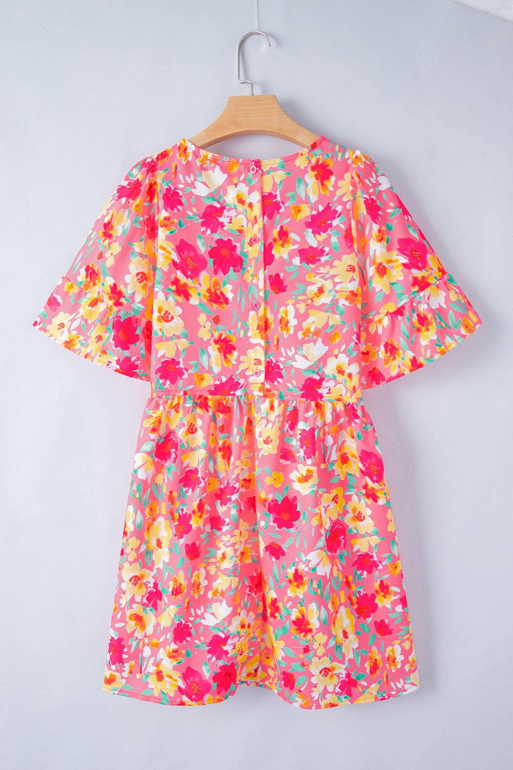 Gebloemde Mini Jurk met Ruches en Zakken - Floral Dresses - Jurkjes.co