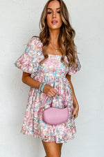 Gebloemde Smockjurk met Ruches en Pofmouw - Floral Dresses - Jurkjes.co
