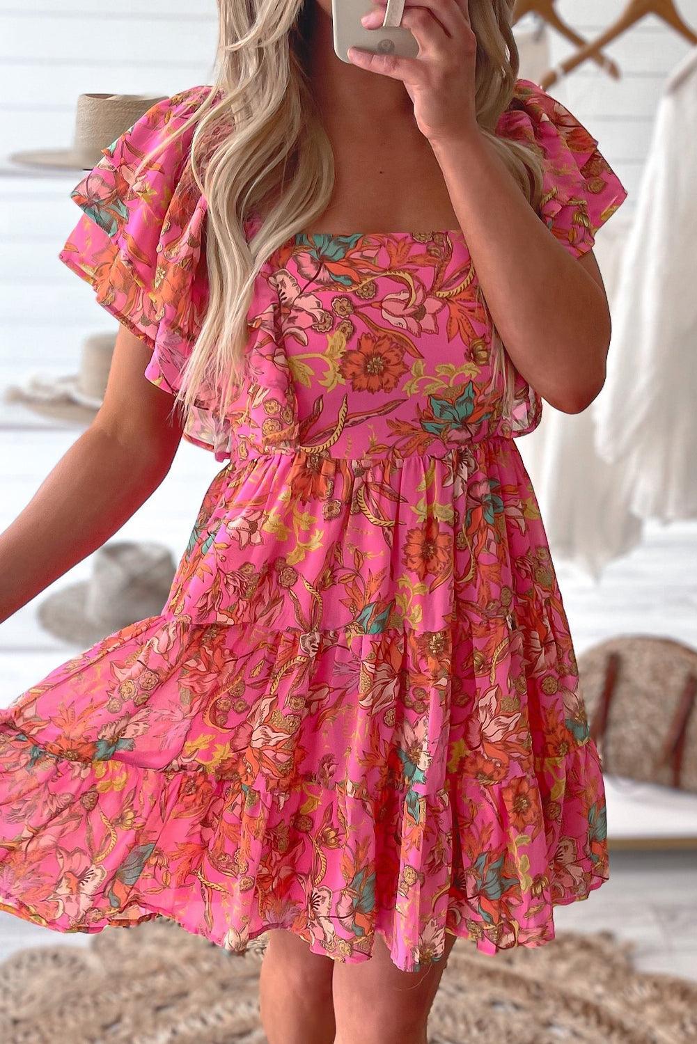 Gebloemde Vierkante Hals Ruche Jurk - Floral Dresses - Jurkjes.co