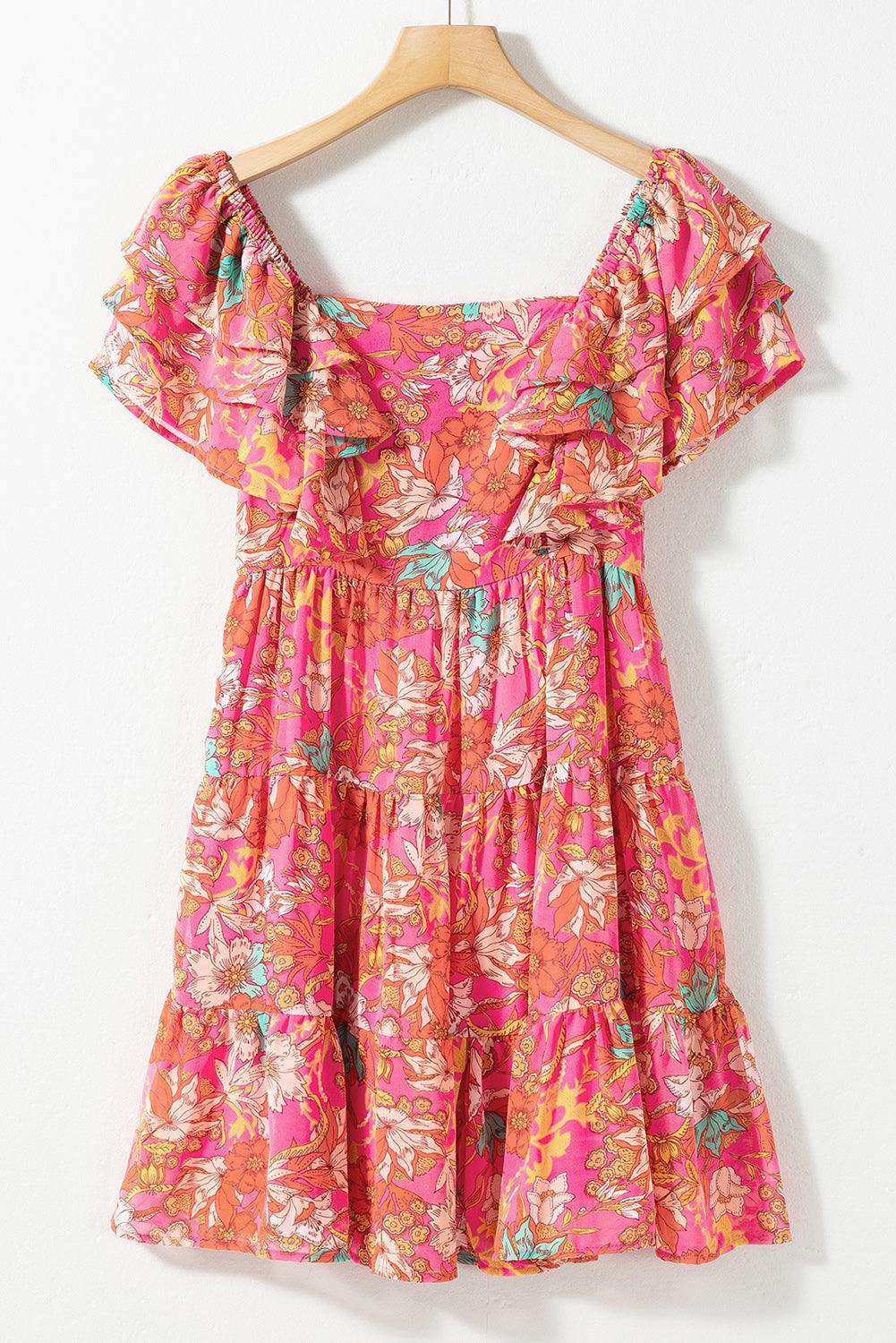 Gebloemde Vierkante Hals Ruche Jurk - Floral Dresses - Jurkjes.co