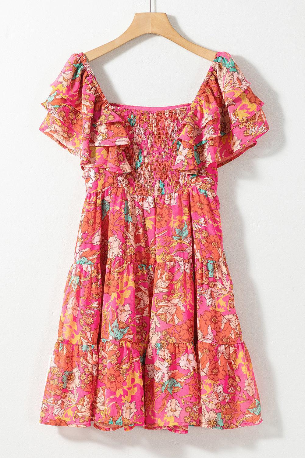 Gebloemde Vierkante Hals Ruche Jurk - Floral Dresses - Jurkjes.co