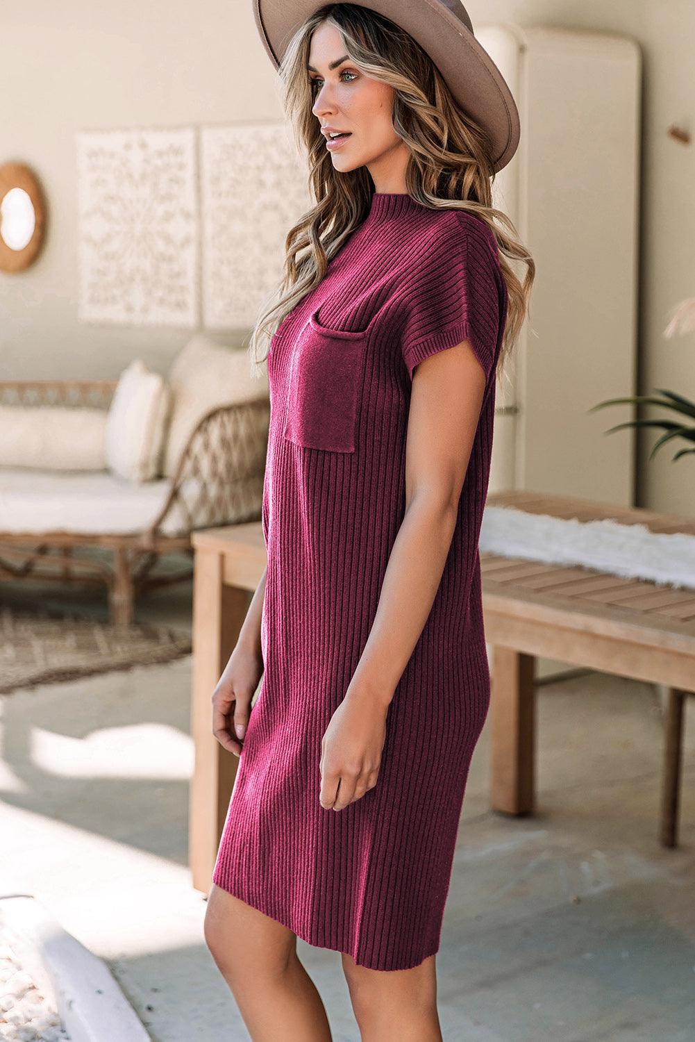 Gebreide Jurk met Korte Mouw en Zak - Sweater Dresses - Jurkjes.co